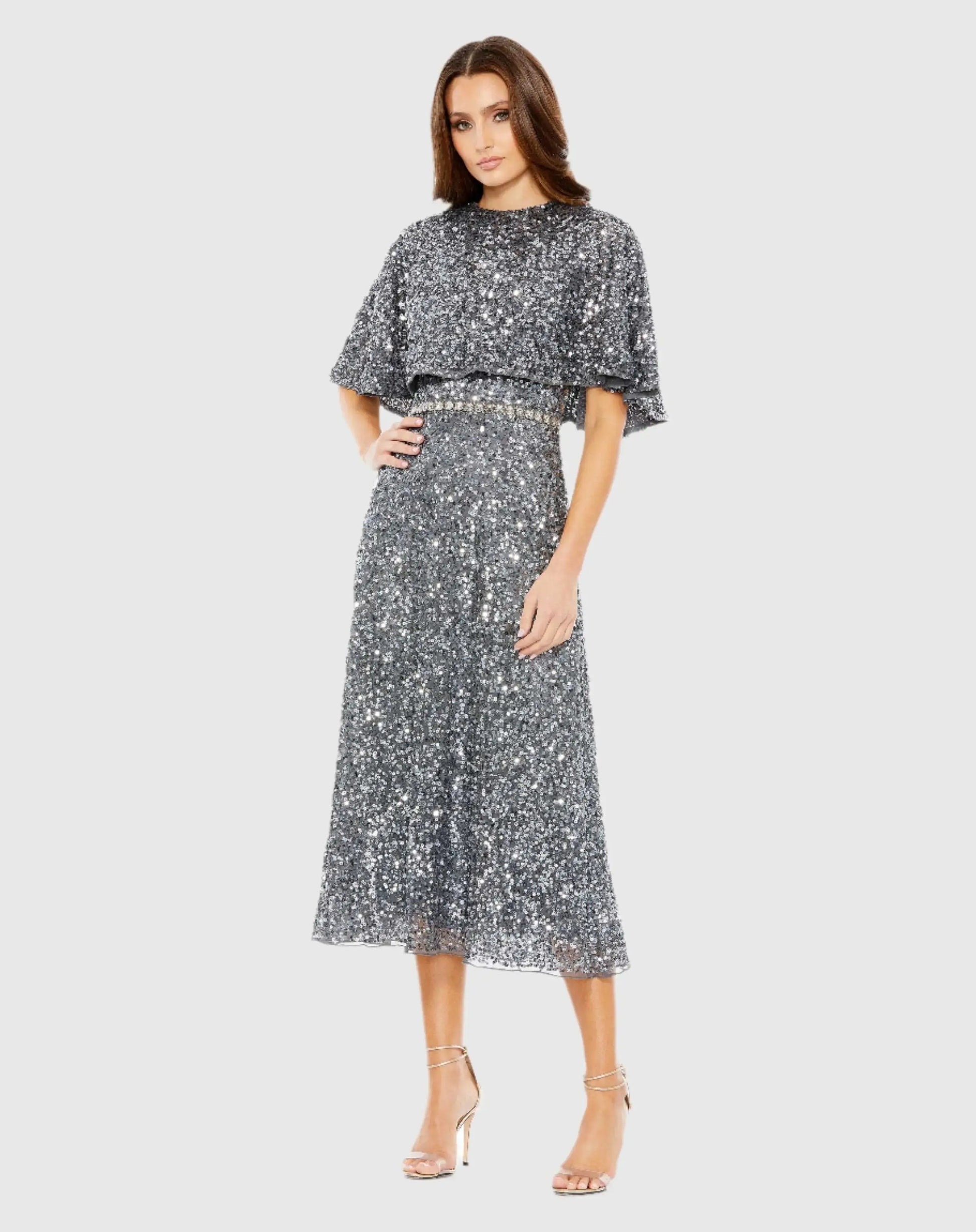 midi dress cape Embellished Cape High Neck Midi Dress