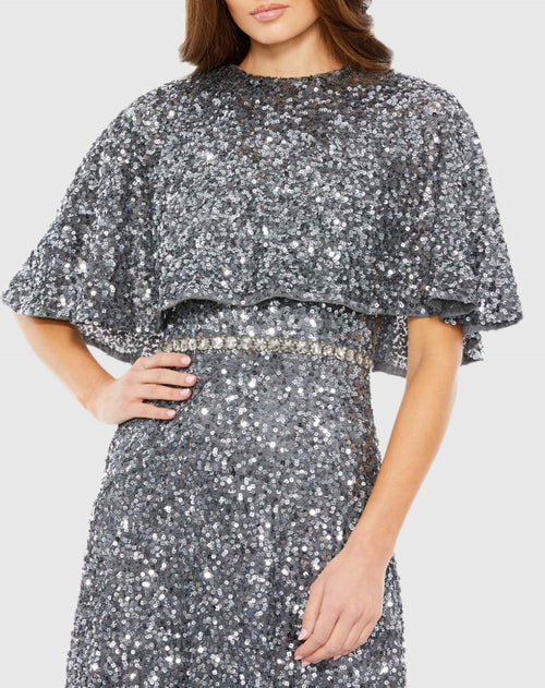 Gray Embellished Cape High Neck Midi Dress - Mac Duggal