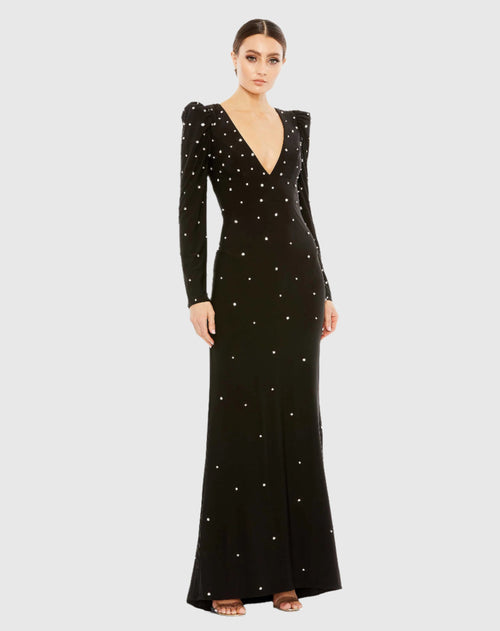 Rhinestone Encrusted Long Sleeve V Neck Gown