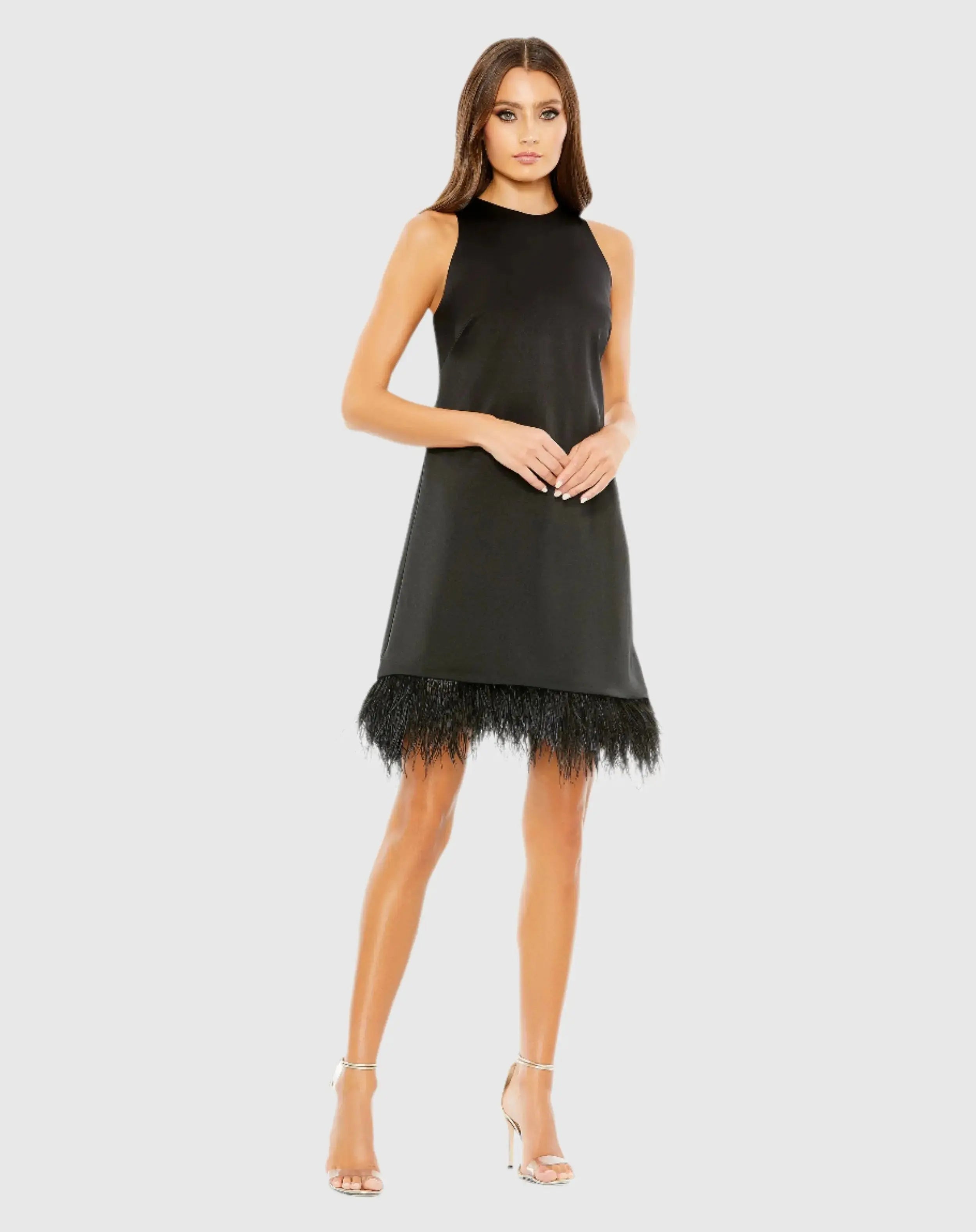 Black Feathered Hem High Neck Sleeveless Trapeze Dress - Ieena for Mac Duggal