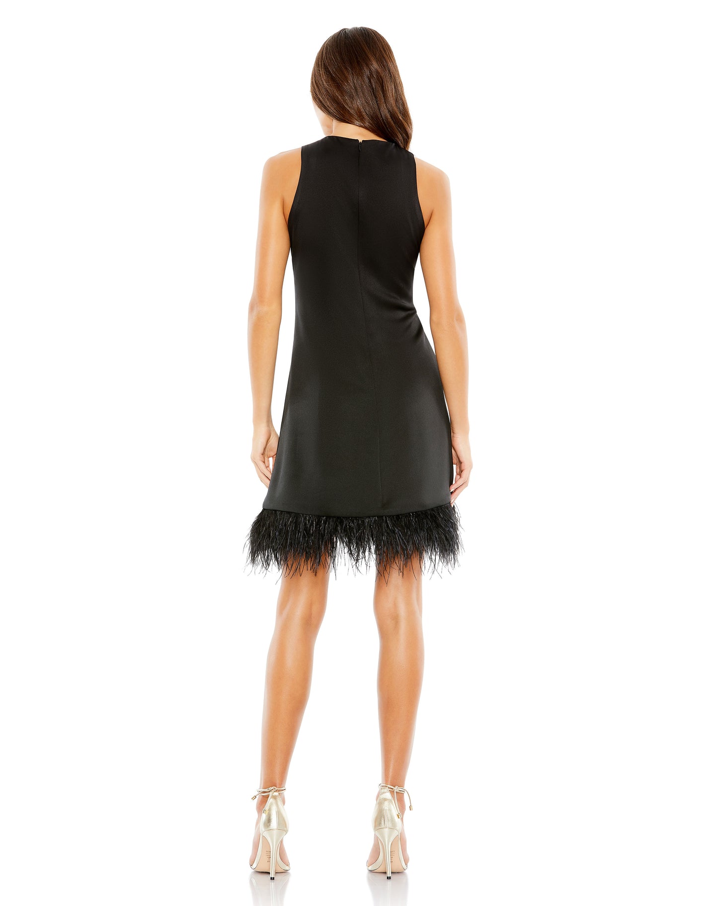 Feathered Hem High Neck Sleeveless A Line Dress