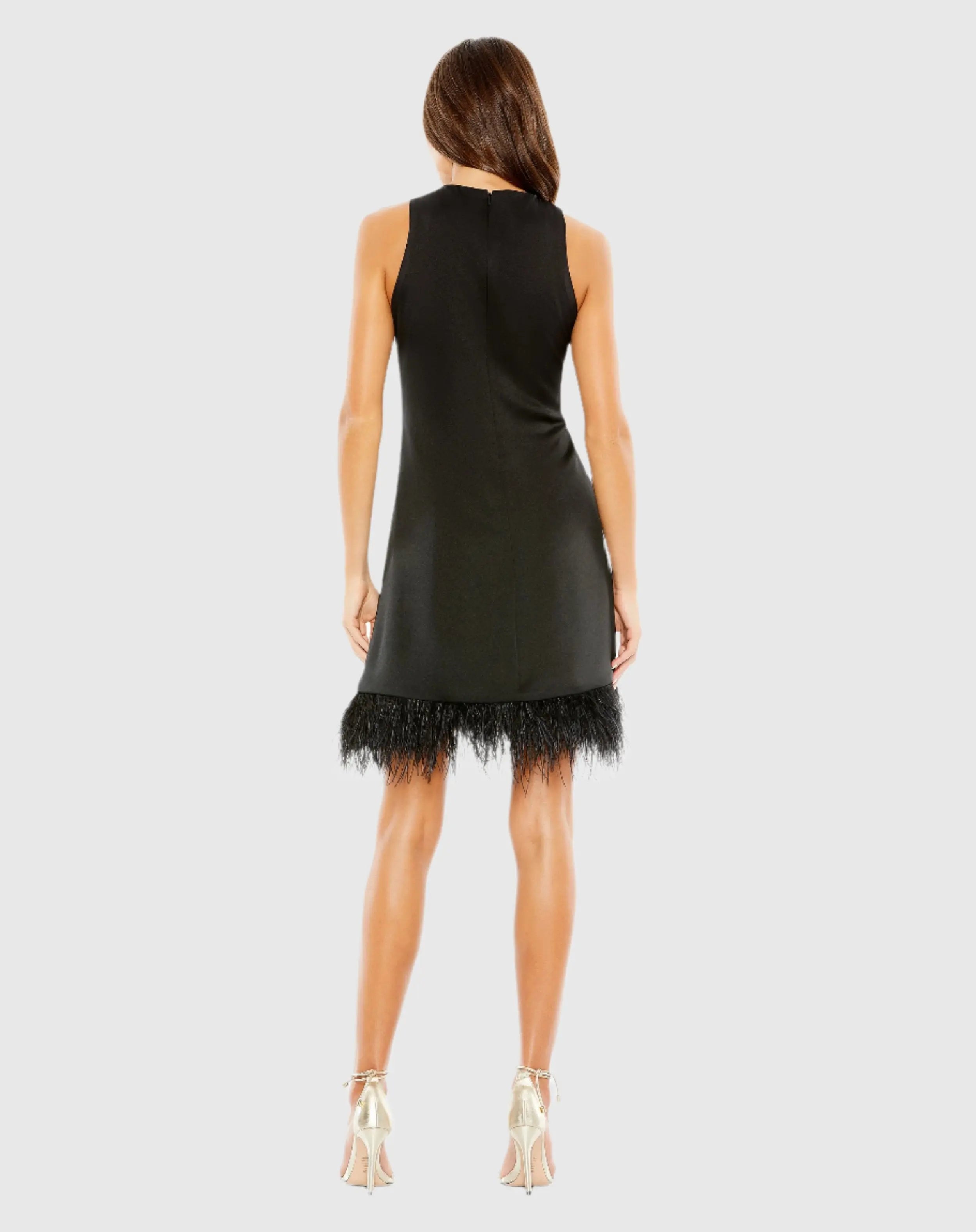 Black Feathered Hem High Neck Sleeveless Trapeze Dress - Ieena for Mac Duggal