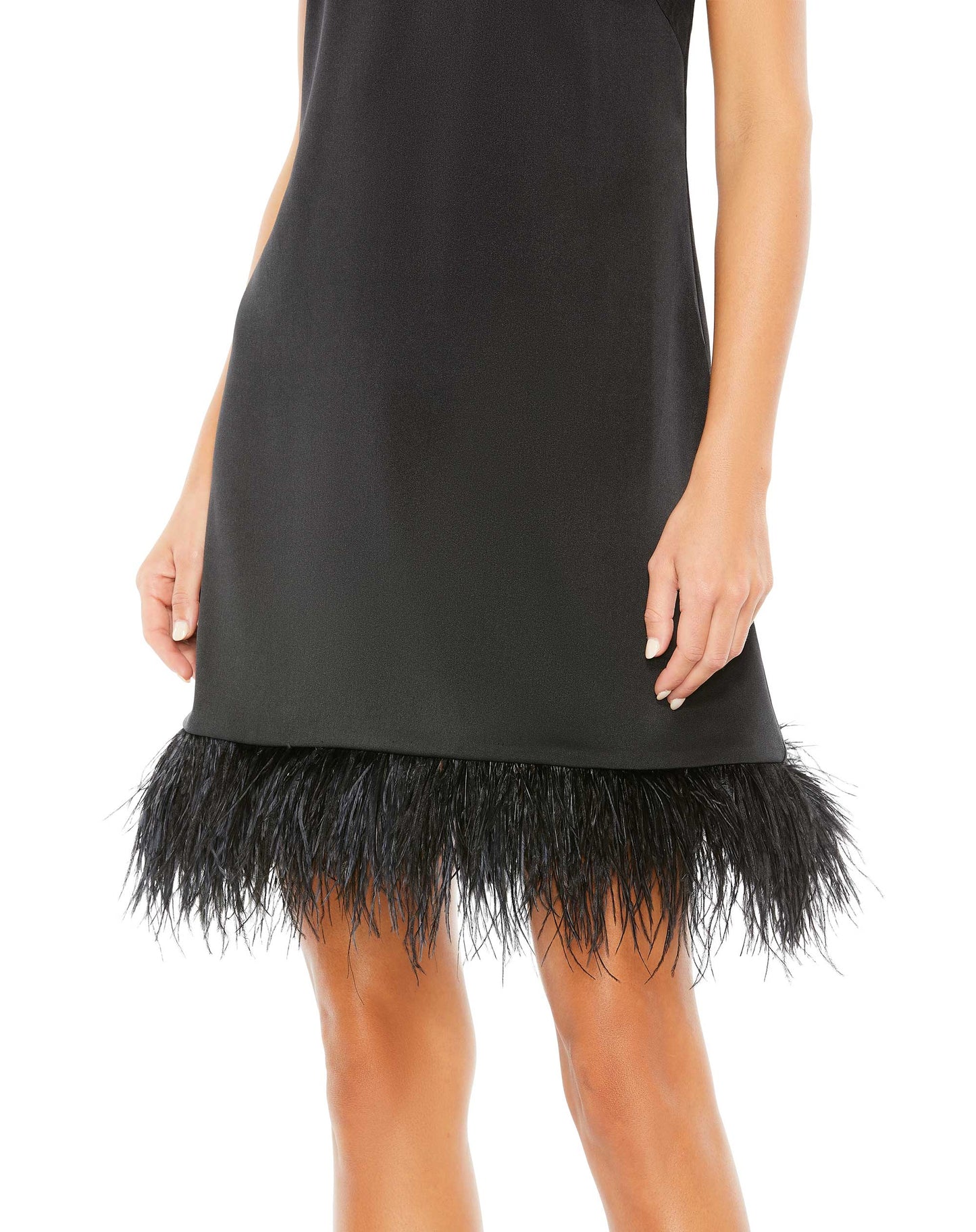 Feathered Hem High Neck Sleeveless A Line Dress