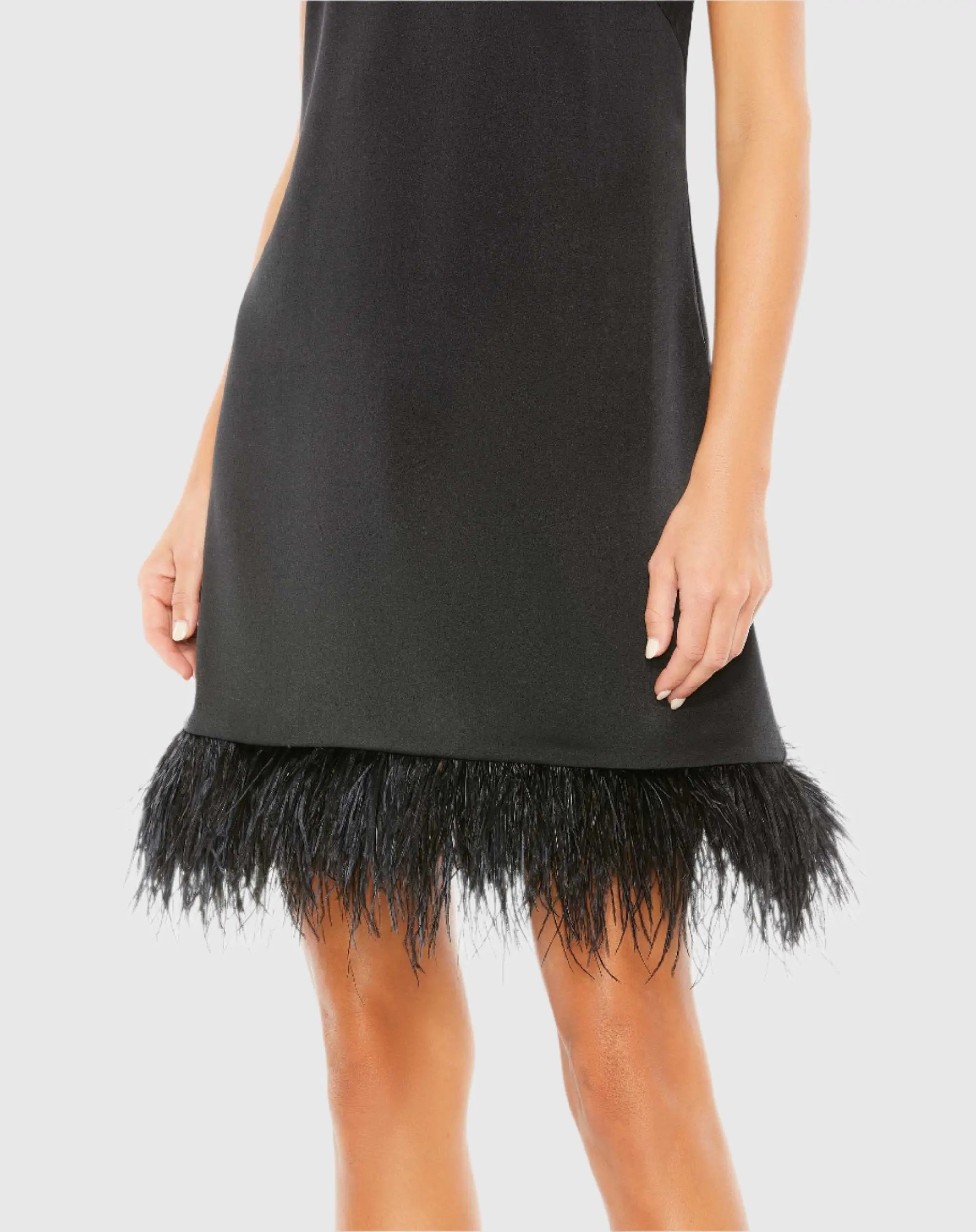 Black Feathered Hem High Neck Sleeveless Trapeze Dress - Ieena for Mac Duggal