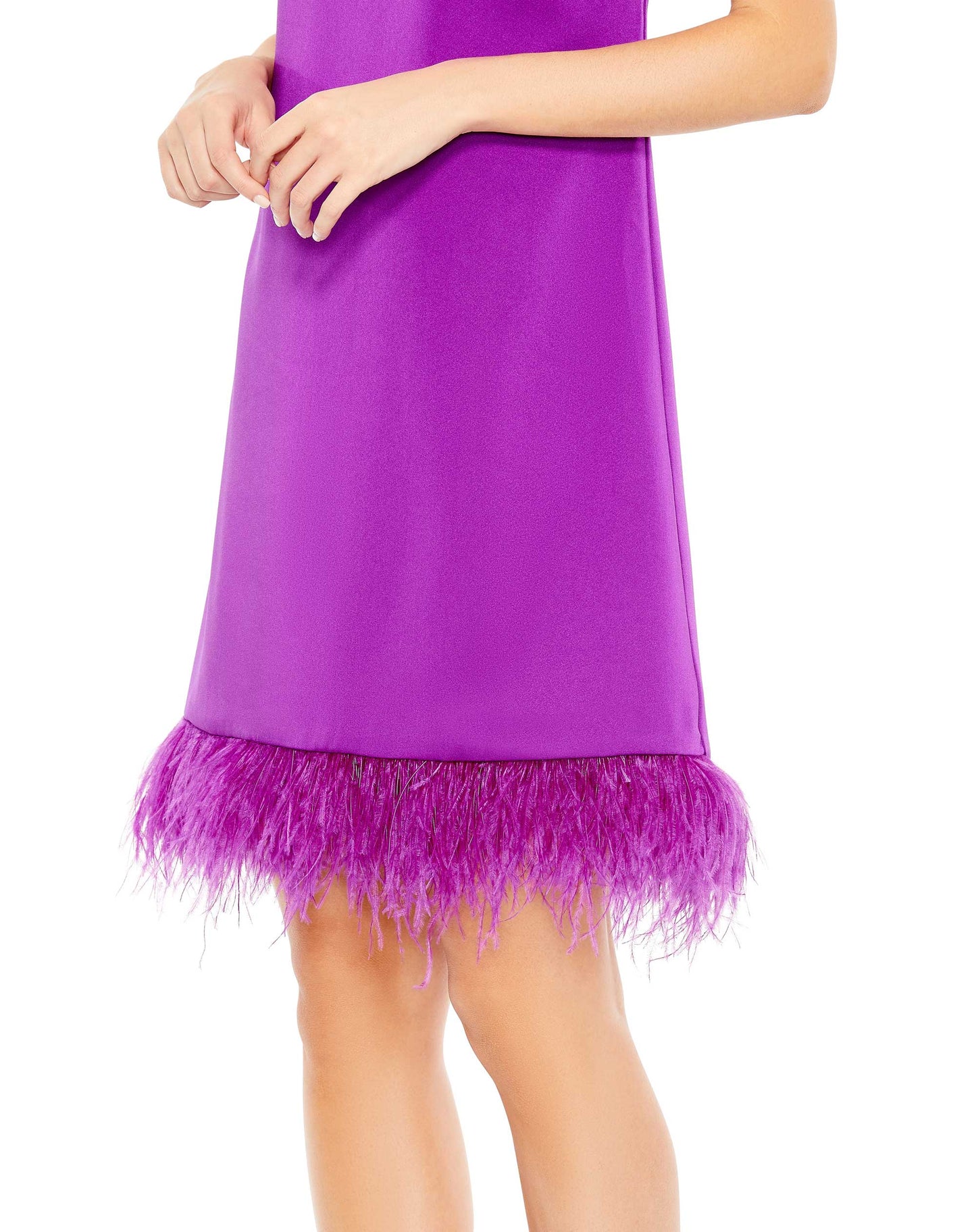 Feathered Hem High Neck Sleeveless A Line Dress