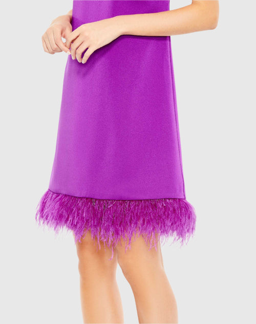 Feathered Hem High Neck Sleeveless A Line Dress