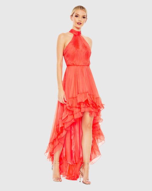 Ruffle Tiered High Low Pleated Halter Neck Gown