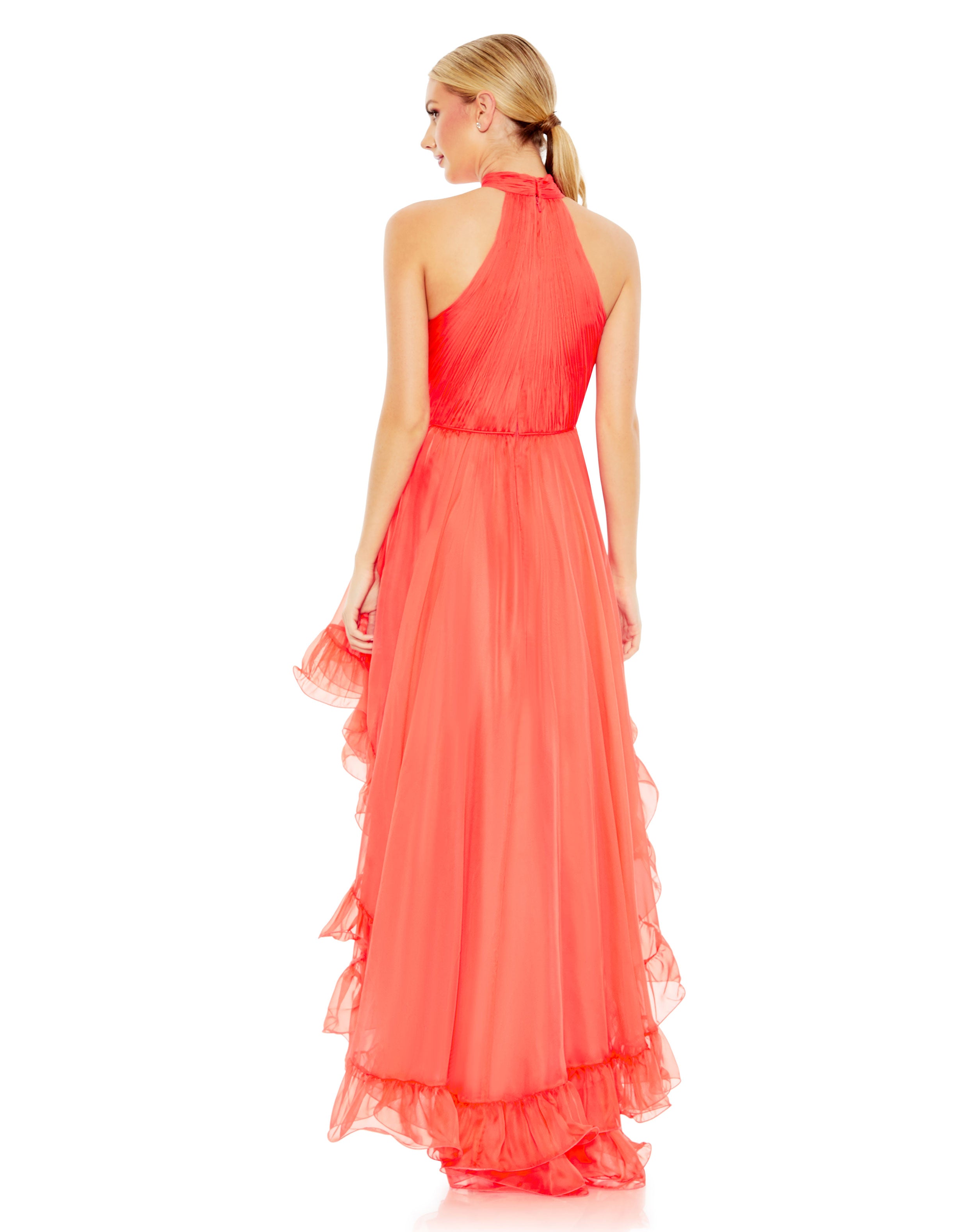 Ruffle Tiered High Low Pleated Halter Neck Gown