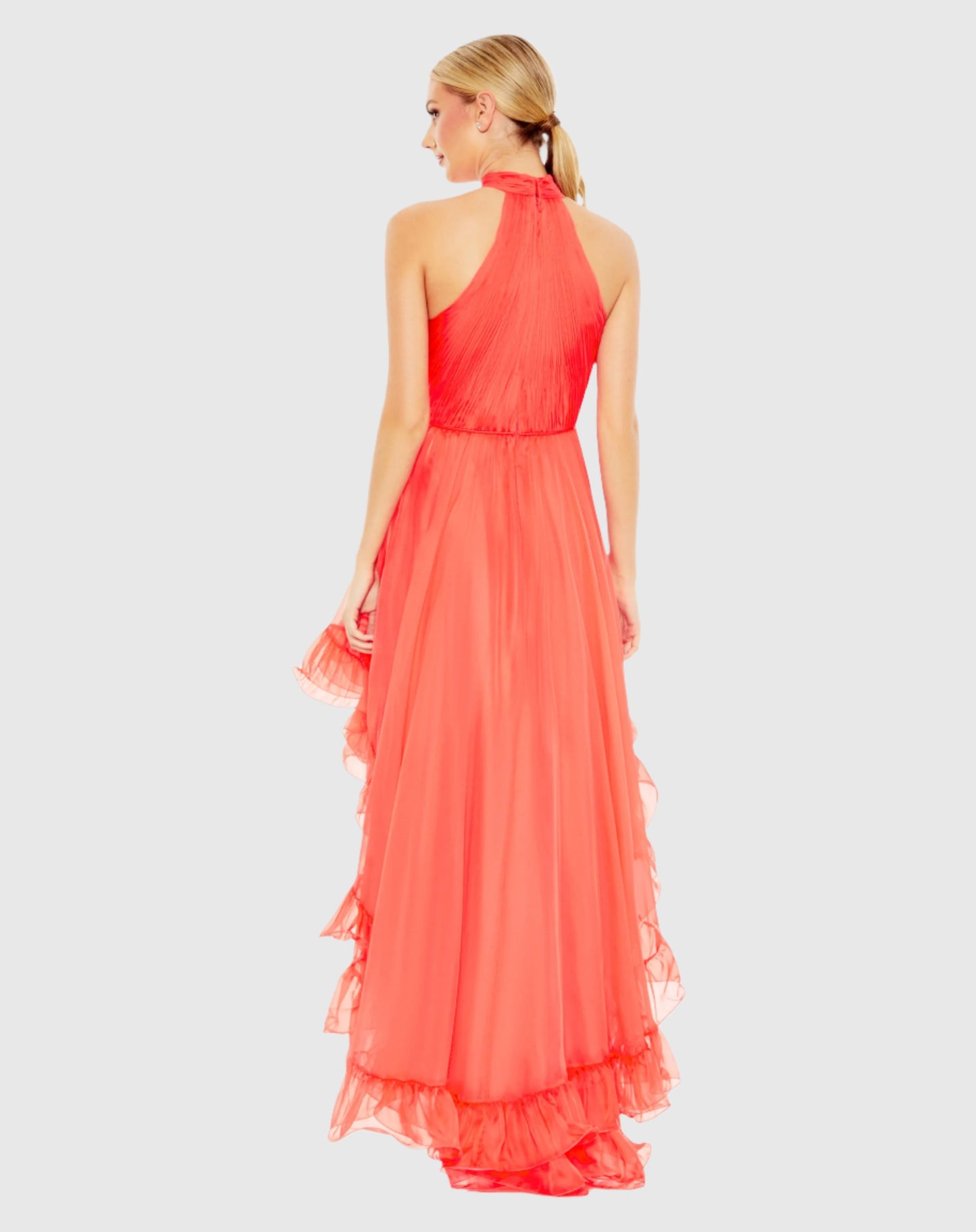 Ruffle Tiered High Low Pleated Halter Neck Gown