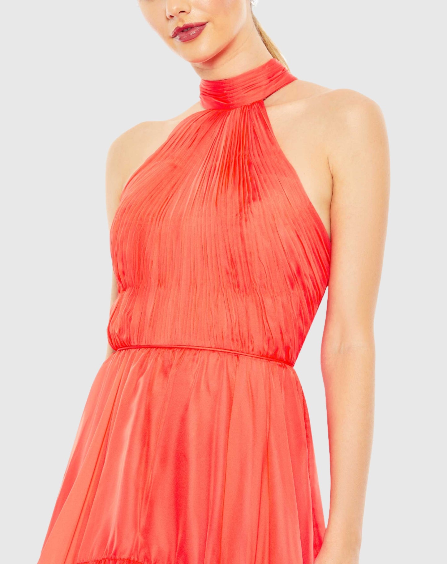 Ruffle Tiered High Low Pleated Halter Neck Gown