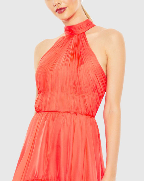 Ruffle Tiered High Low Pleated Halter Neck Gown