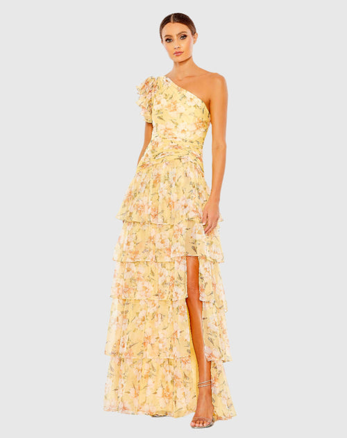 Floral Print Ruffle Tiered One Shoulder Gown