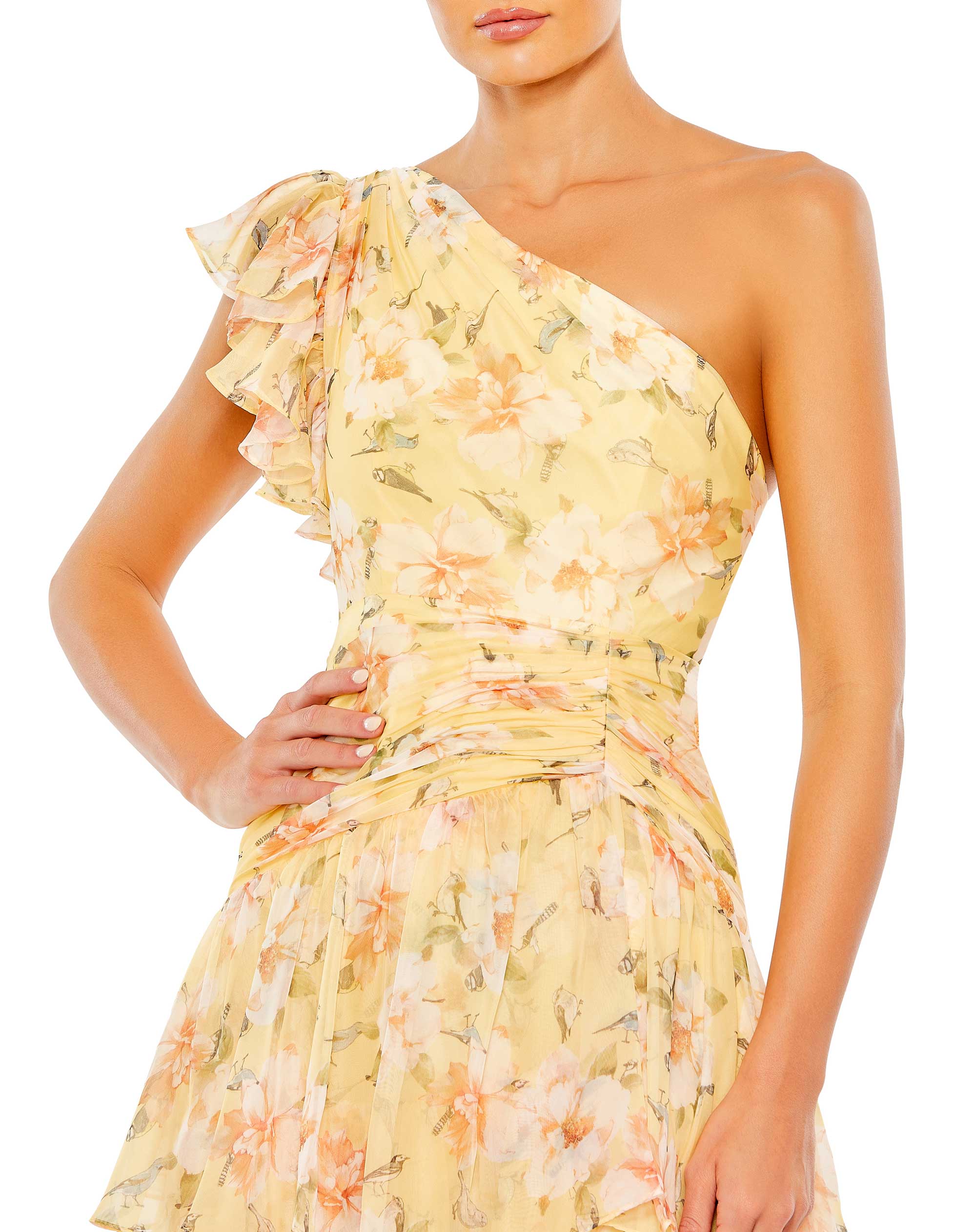Floral Print Ruffle Tiered One Shoulder Gown