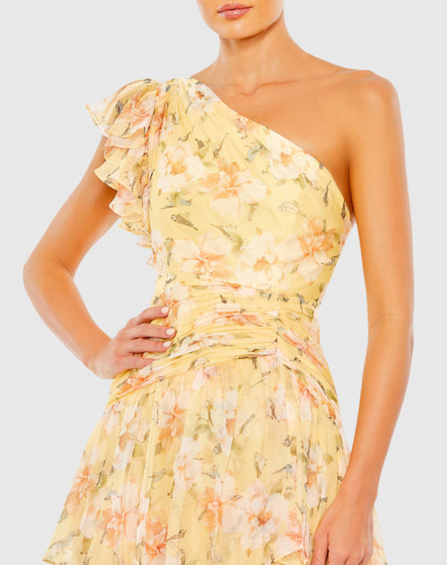 Floral Print Ruffle Tiered One Shoulder Gown