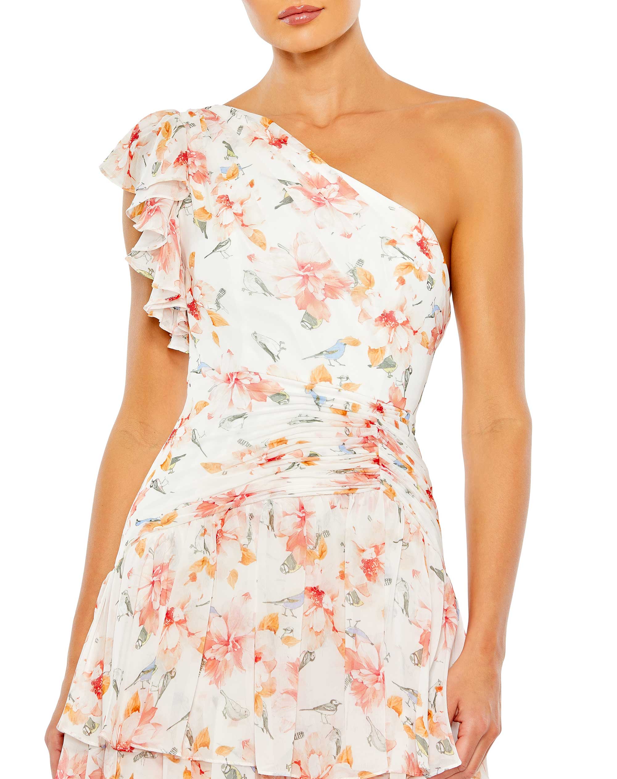 Floral Print Ruffle Tiered One Shoulder Gown