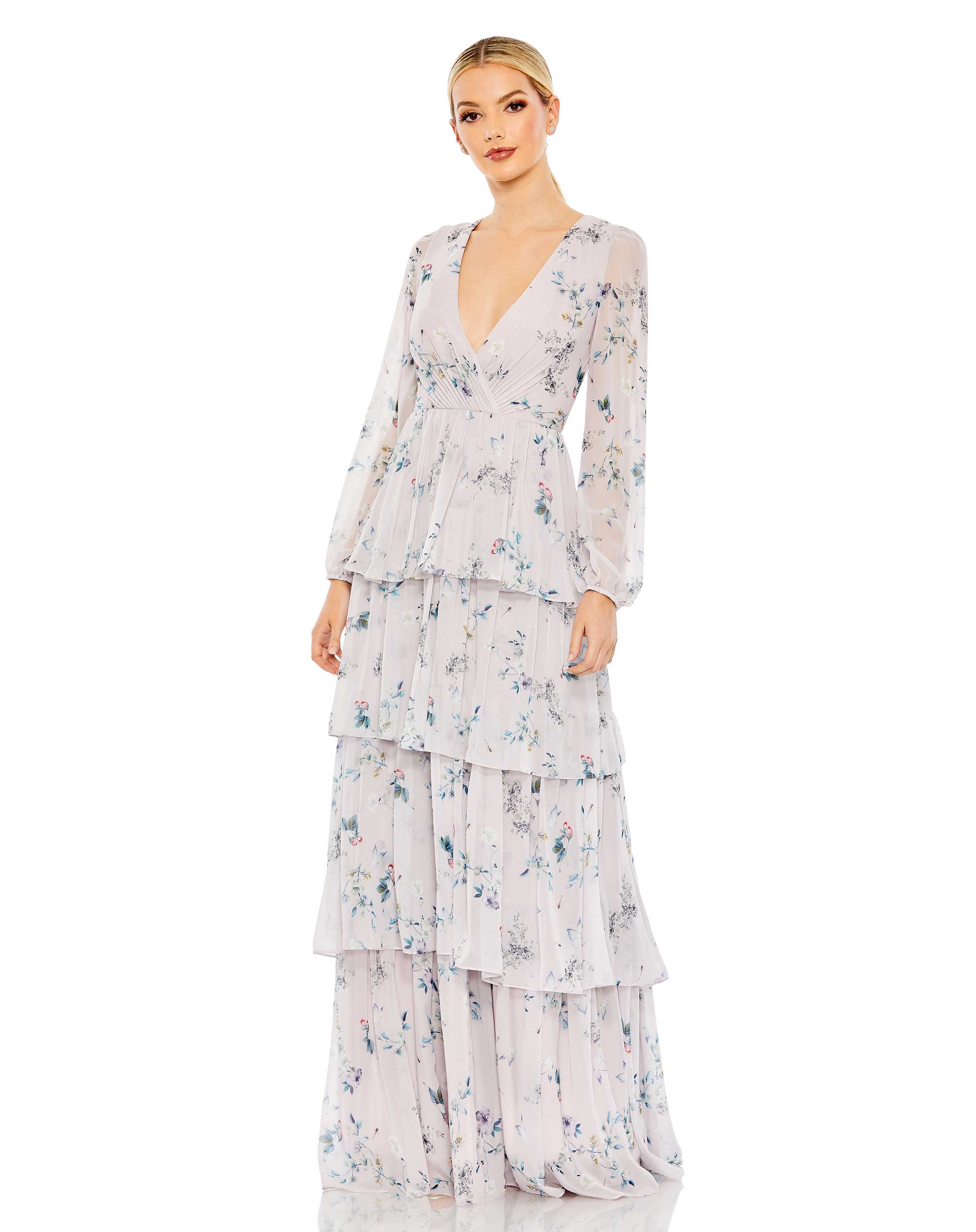Ruffle Tiered Floral Print Illusion Long Sleeve Gown