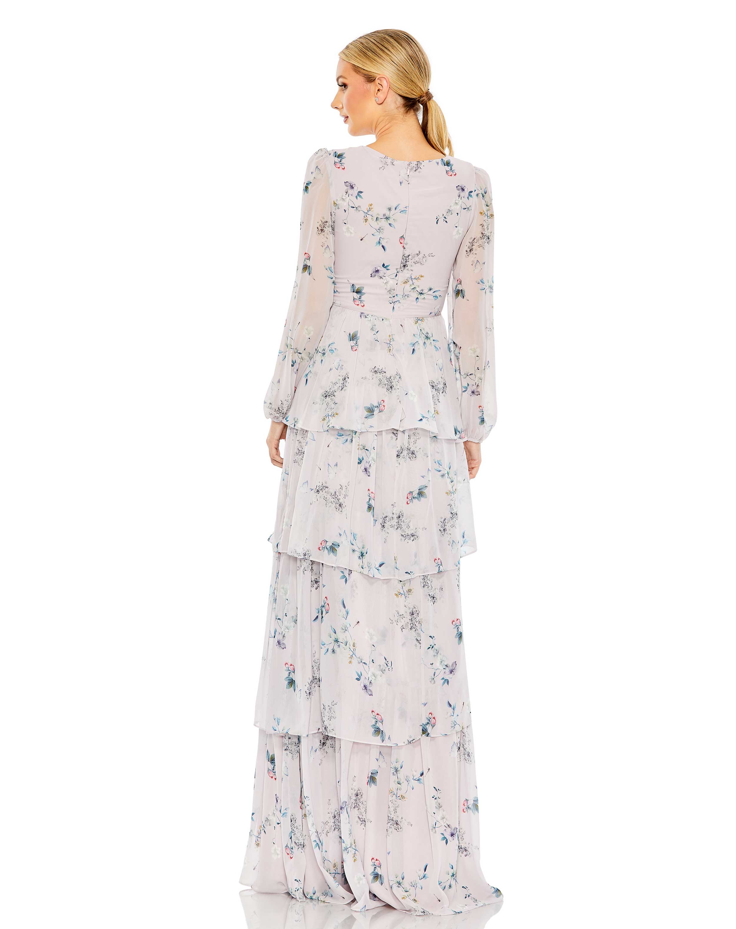 Ruffle Tiered Floral Print Illusion Long Sleeve Gown