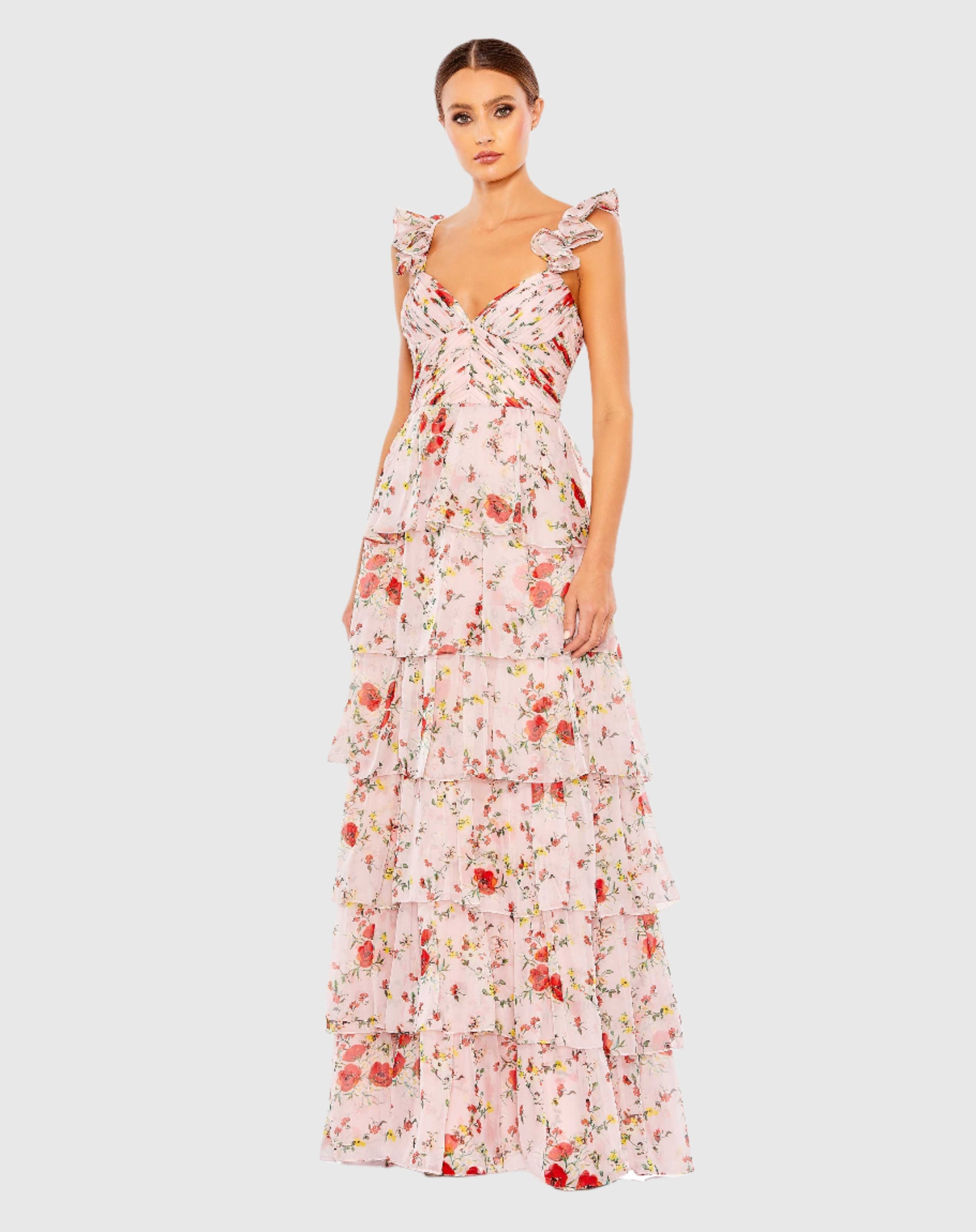 Ruffled Sleeveless Draped Tiered Floral Print Gown