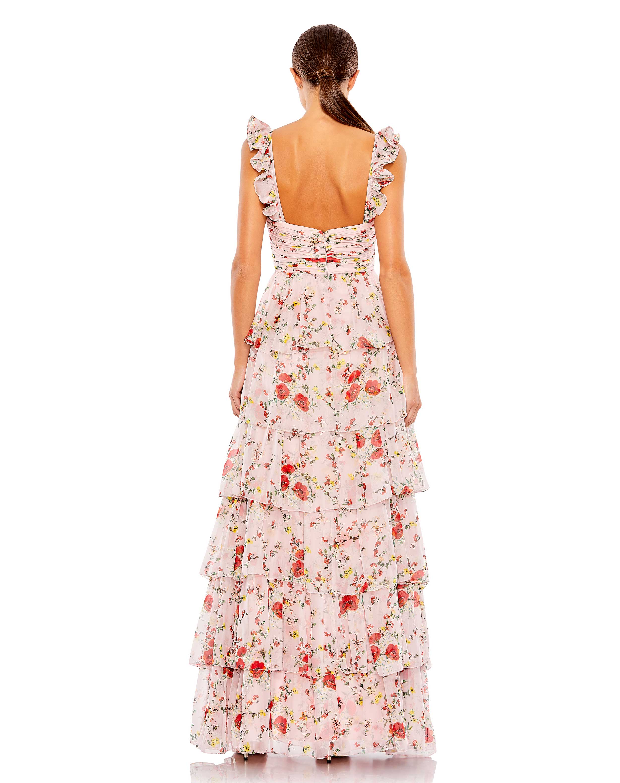 Ruffled Sleeveless Draped Tiered Floral Print Gown