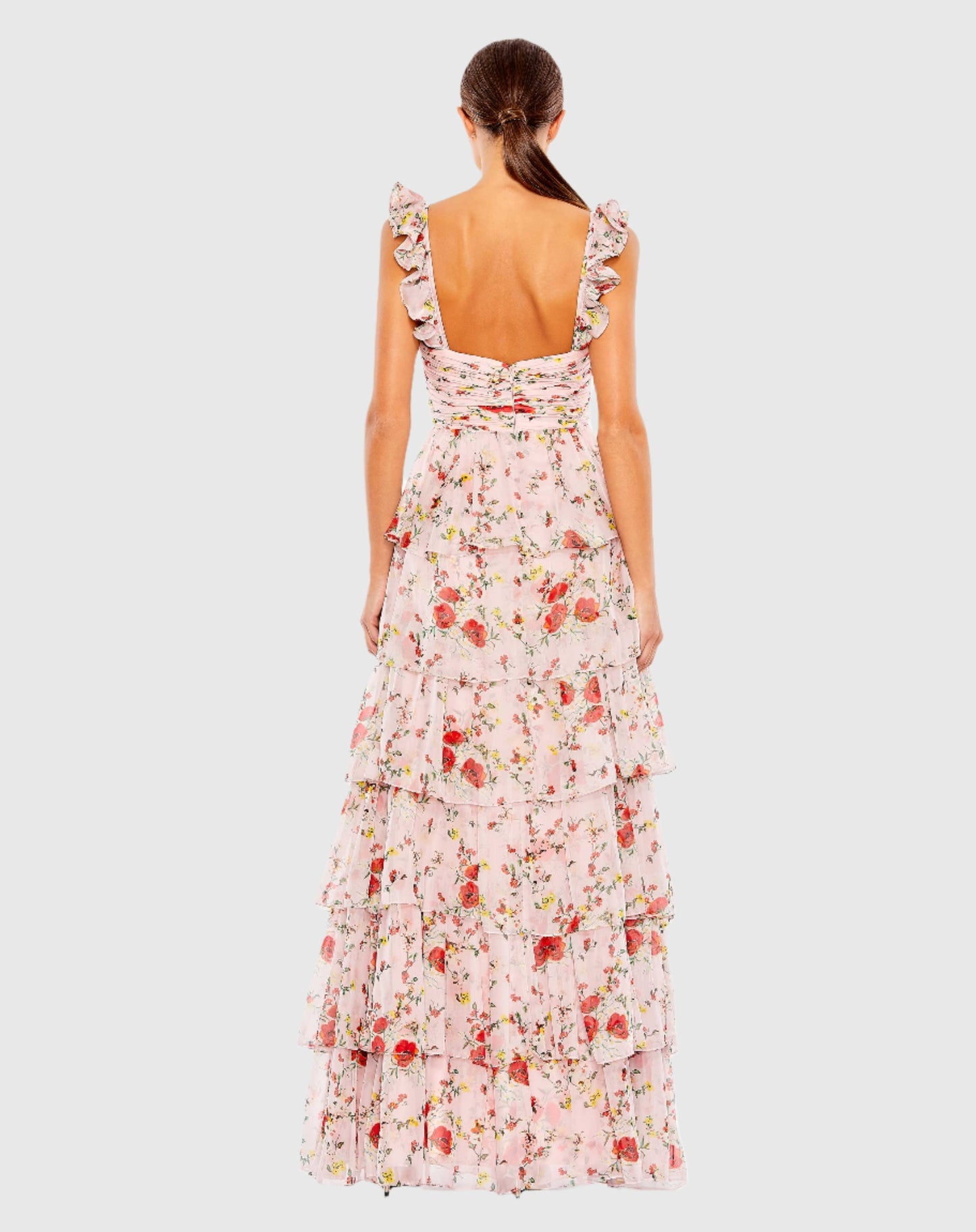 Vestido com babados, sem mangas, drapeado, estampa floral em camadas