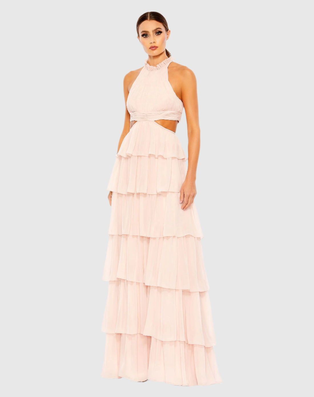 Tiered Ruffle Pleated High Neck Gown