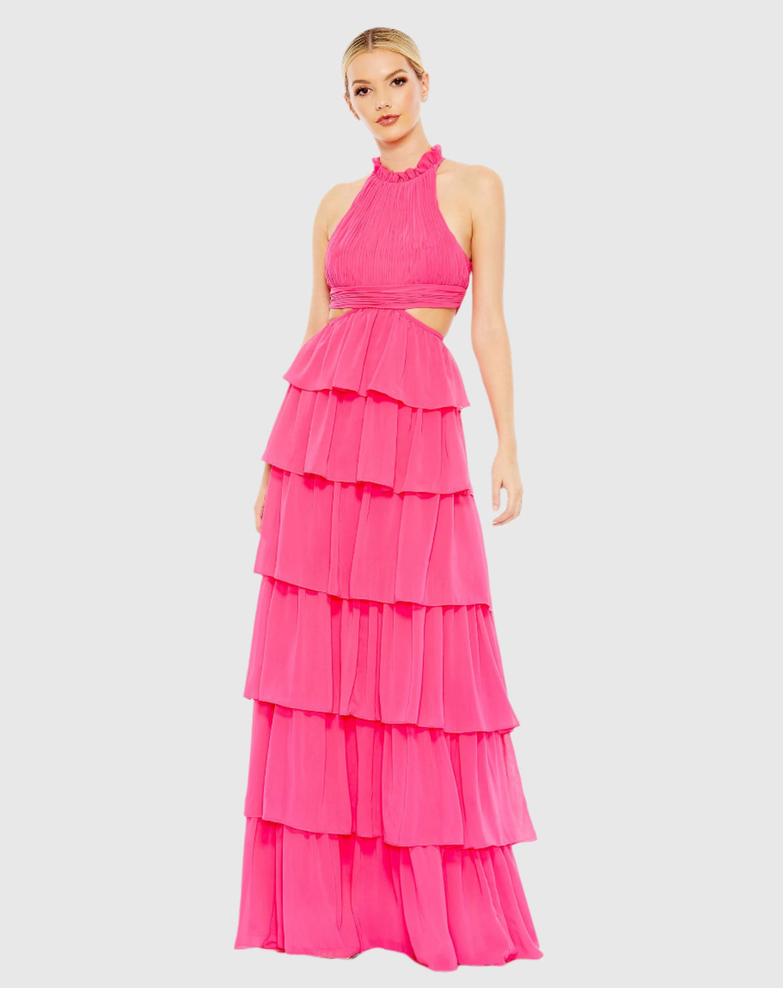 Tiered Ruffle Pleated High Neck Gown