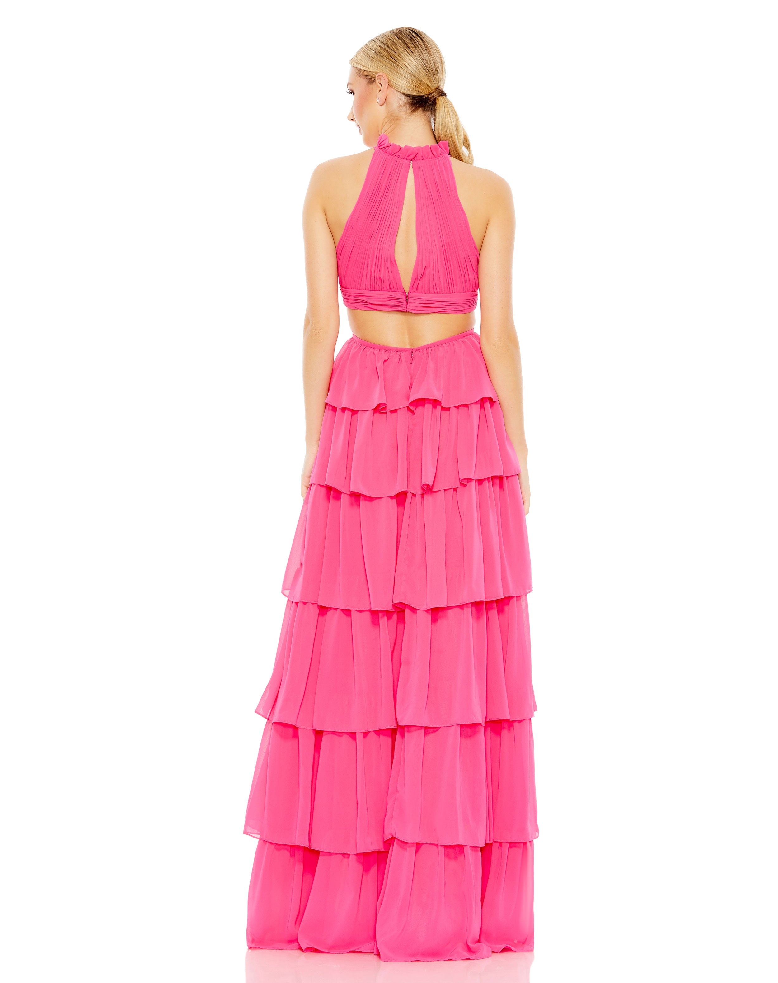Tiered Ruffle Pleated High Neck Ball Gown