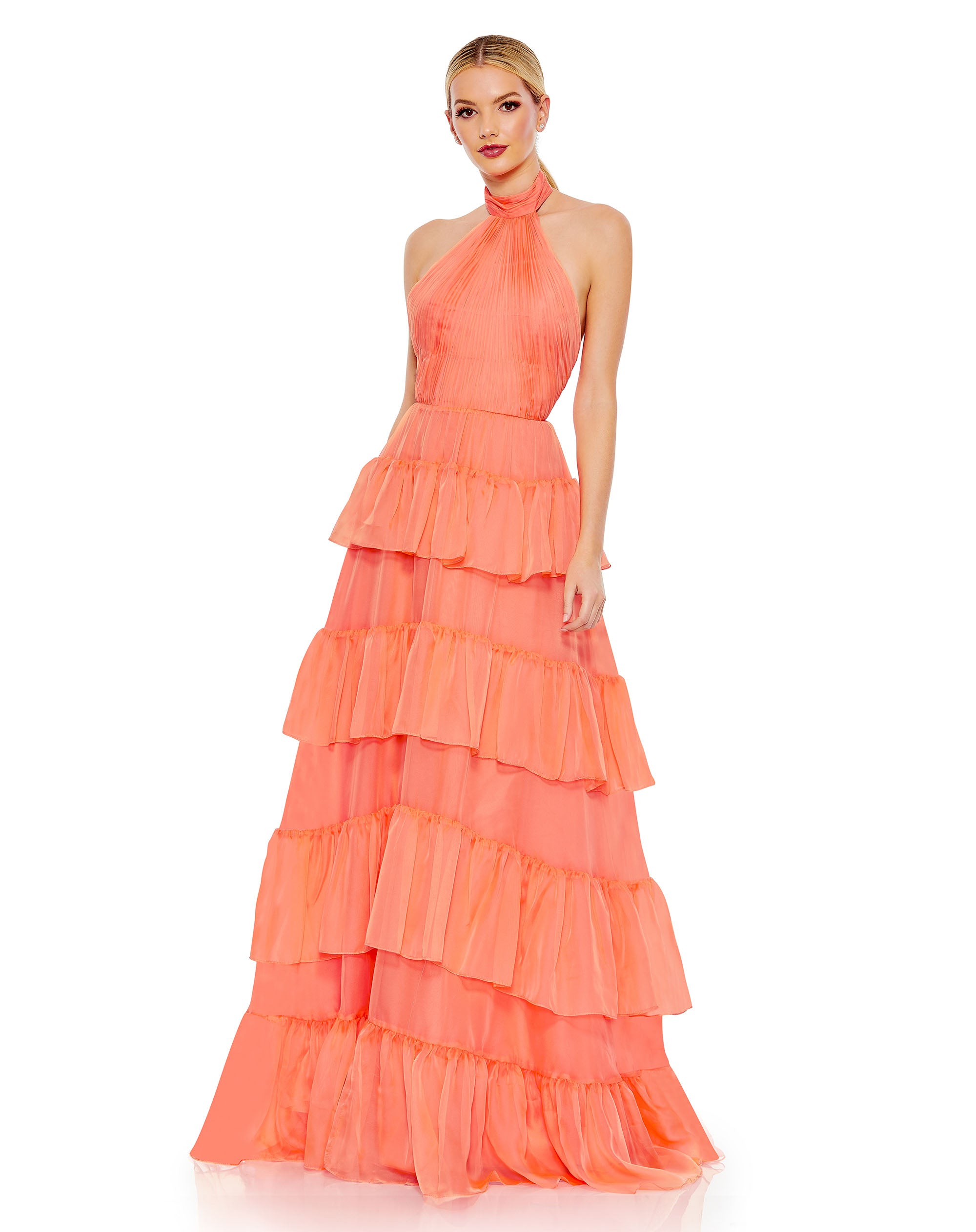 Ruffle Tiered Pleated Halter Neck A Line Gown