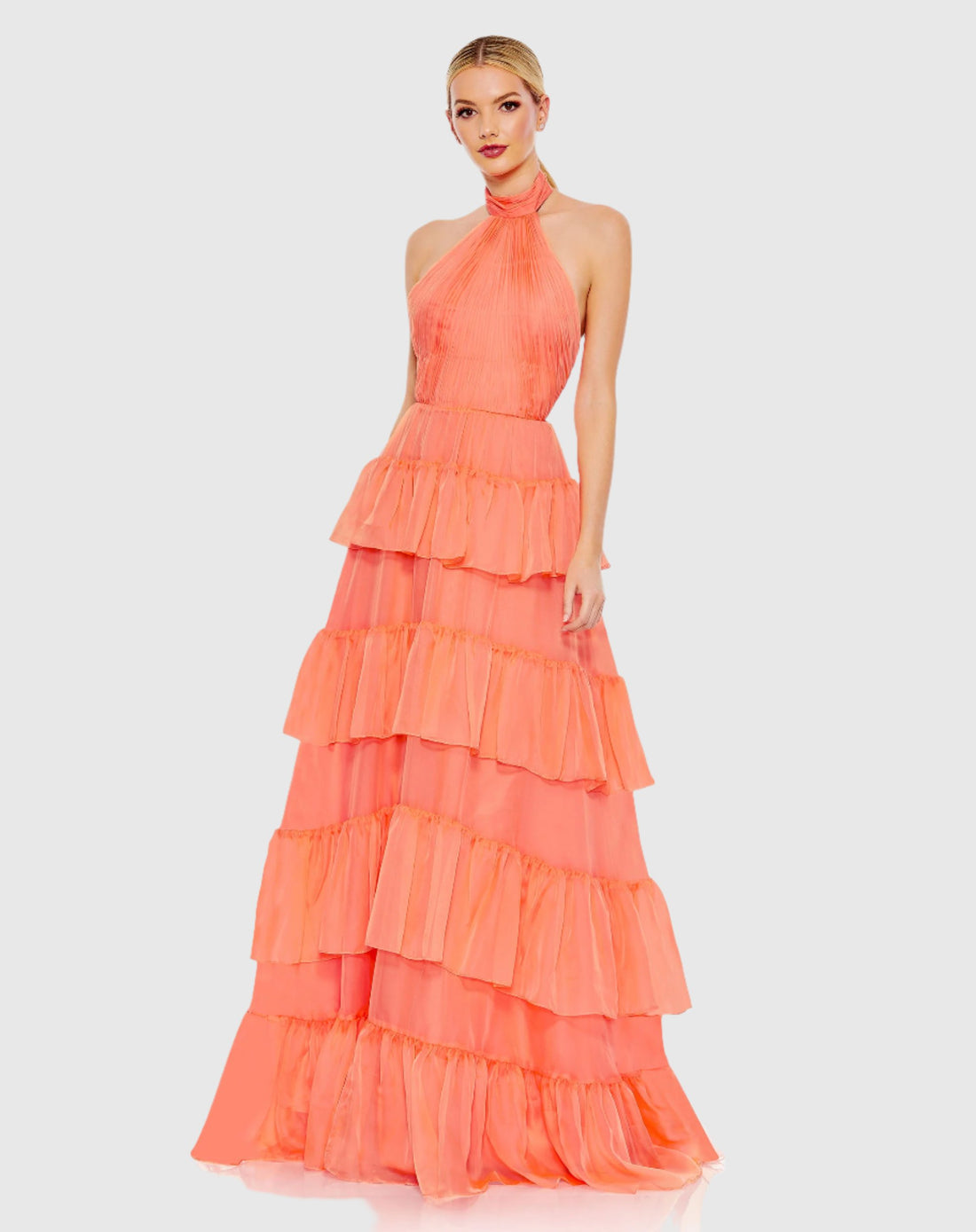 Ruffle Tiered Pleated Halter Neck A Line Gown