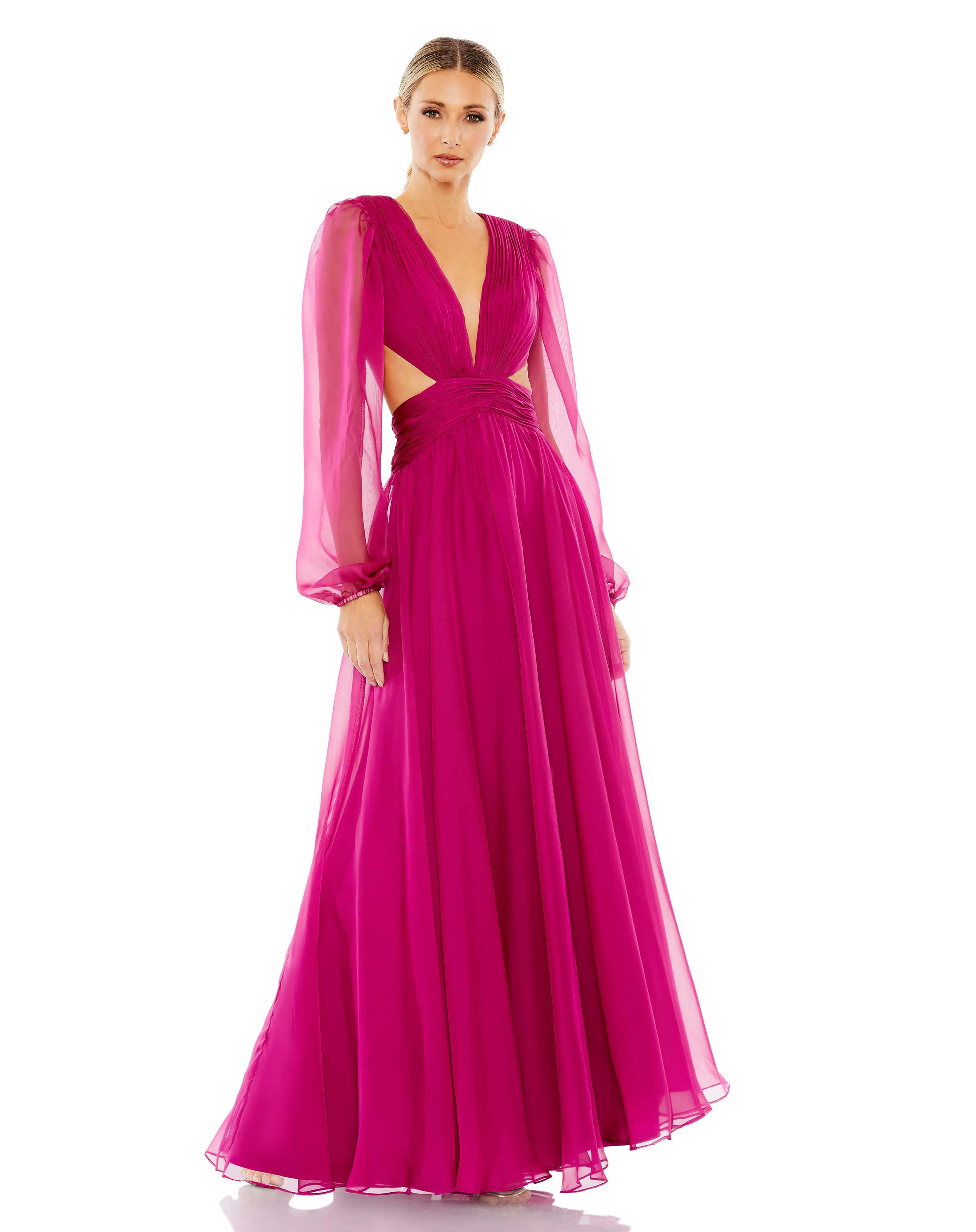 Ruched Cut Out Puff Sleeve A Line Gown