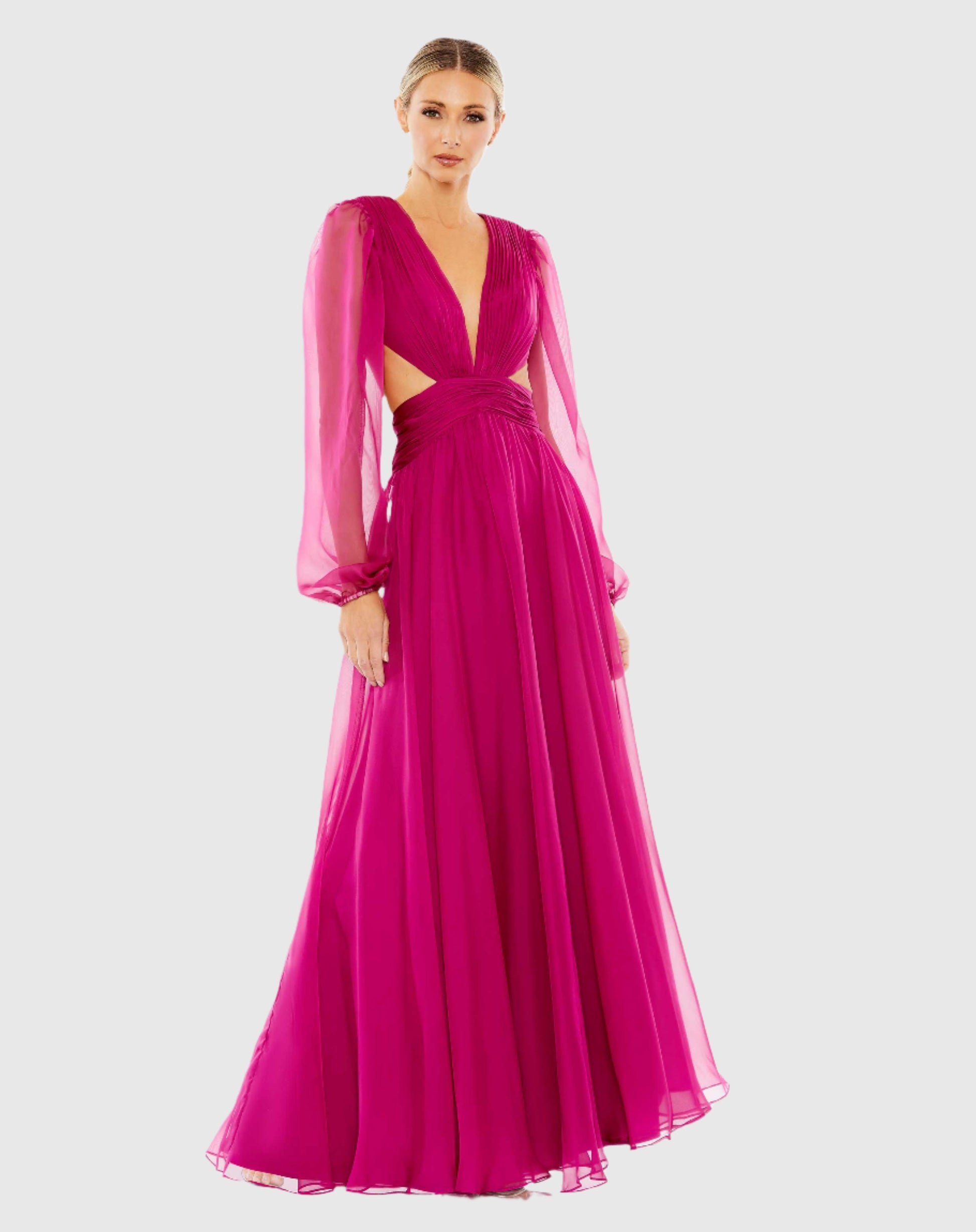 Ruched Cut Out Puff Sleeve A Line Gown