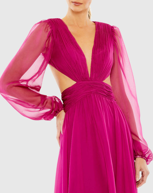 Ruched Cut Out Puff Sleeve A Line Gown