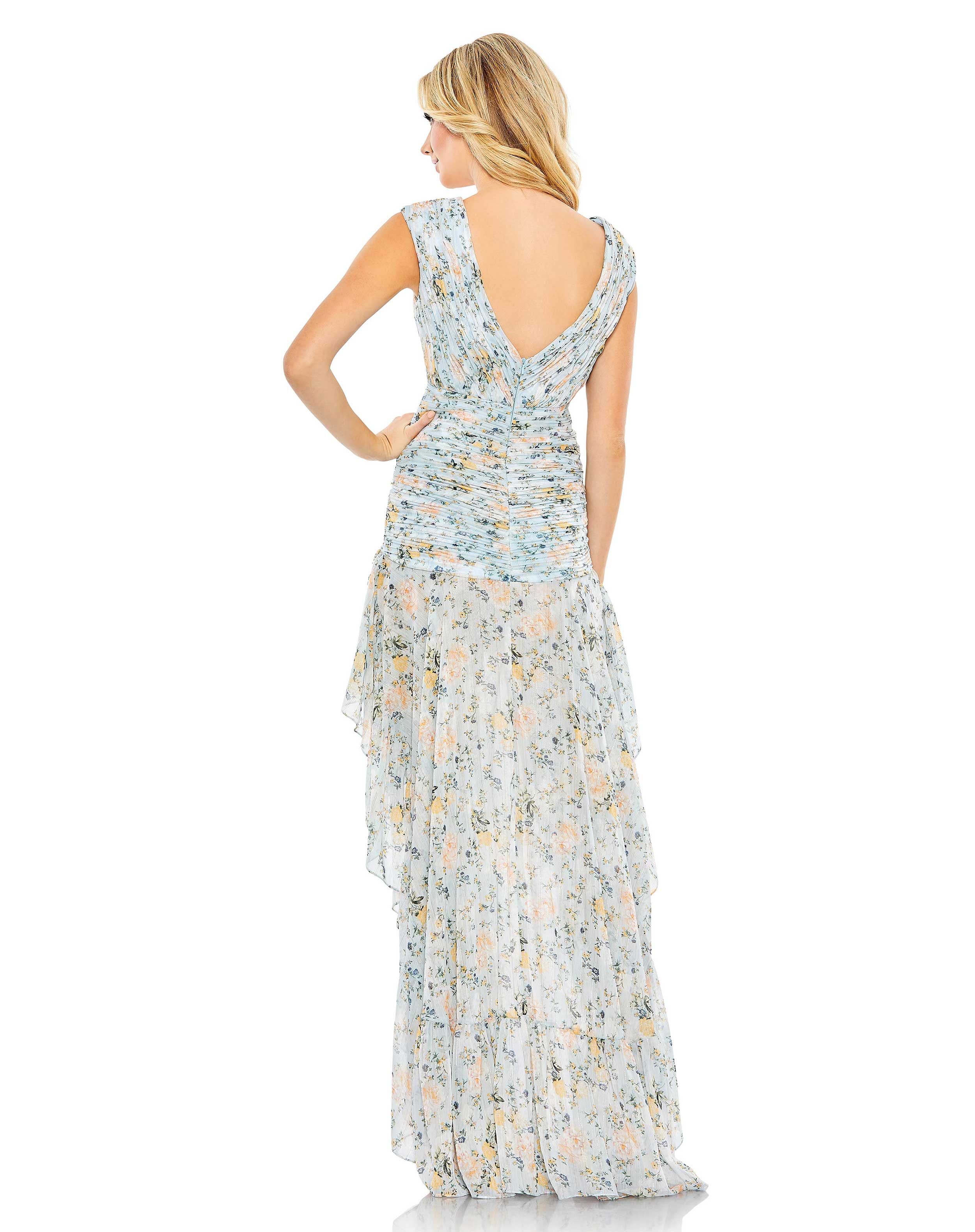 Floral Print Ruched Cap Sleeve High Low Gown