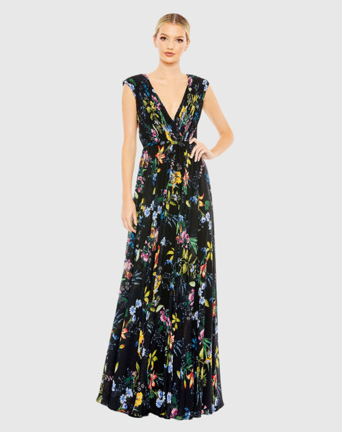 Pleated Floral Cap Sleeve A Line Gown