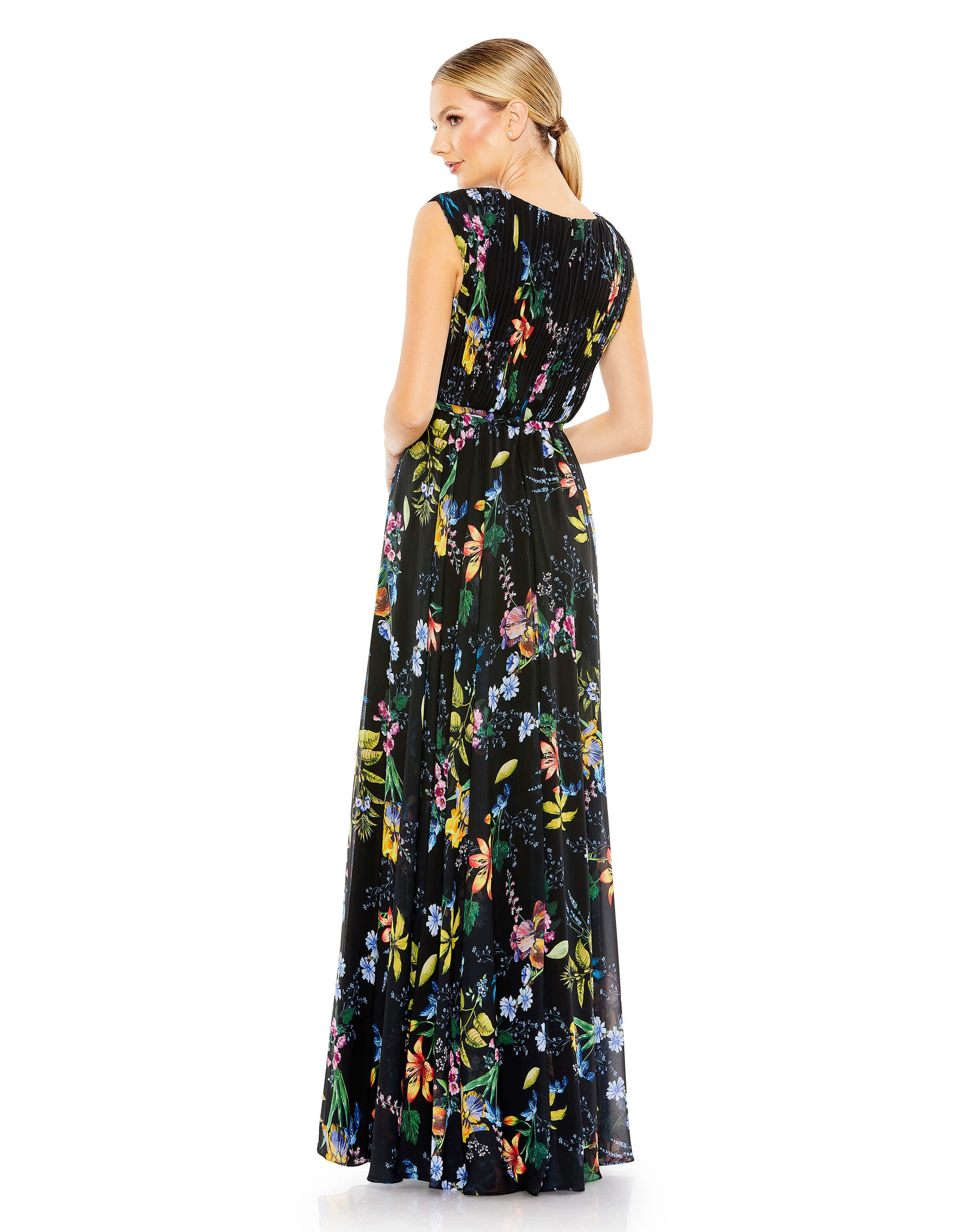 Pleated Floral Cap Sleeve A Line Gown