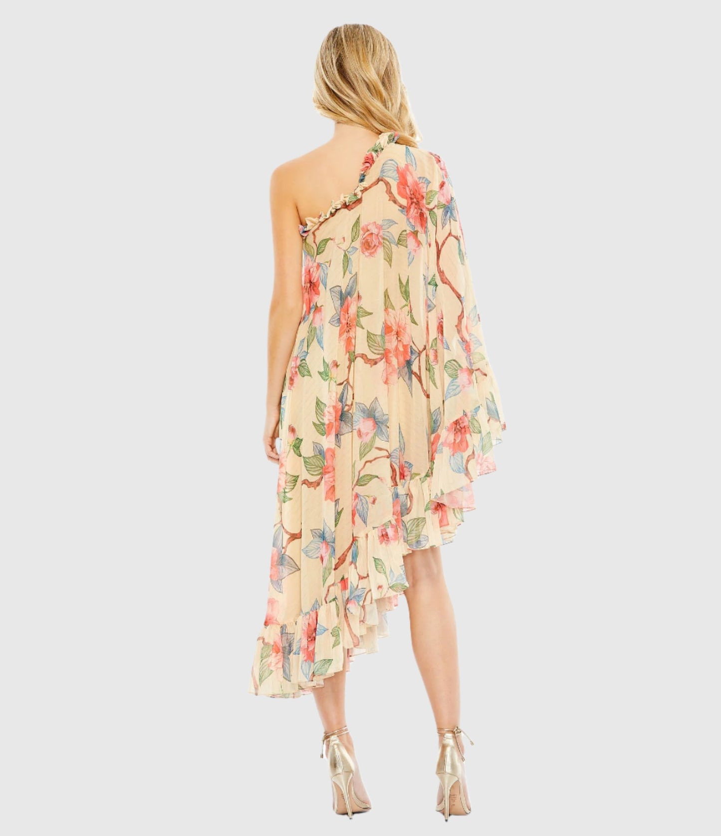 Vestido de capa com estampa floral e um ombro só 