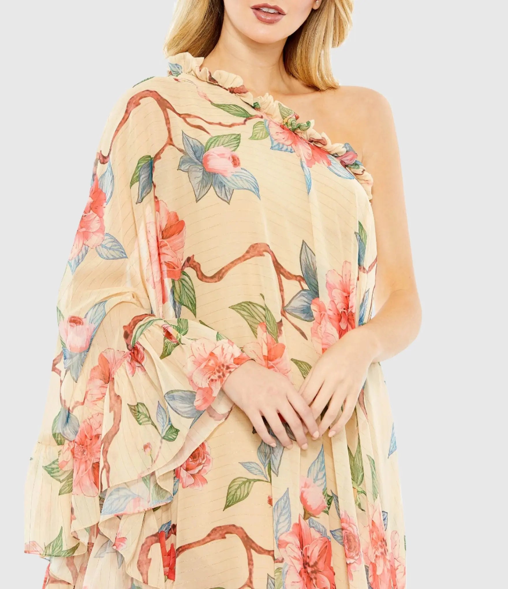 Floral Print One Shoulder Cape Dress - Mac Duggal