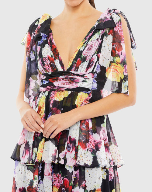 Robe à nouer douce sans manches à volants et imprimé floral