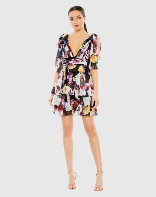 Floral Print Ruffled Sleeveless Soft Tie Dress