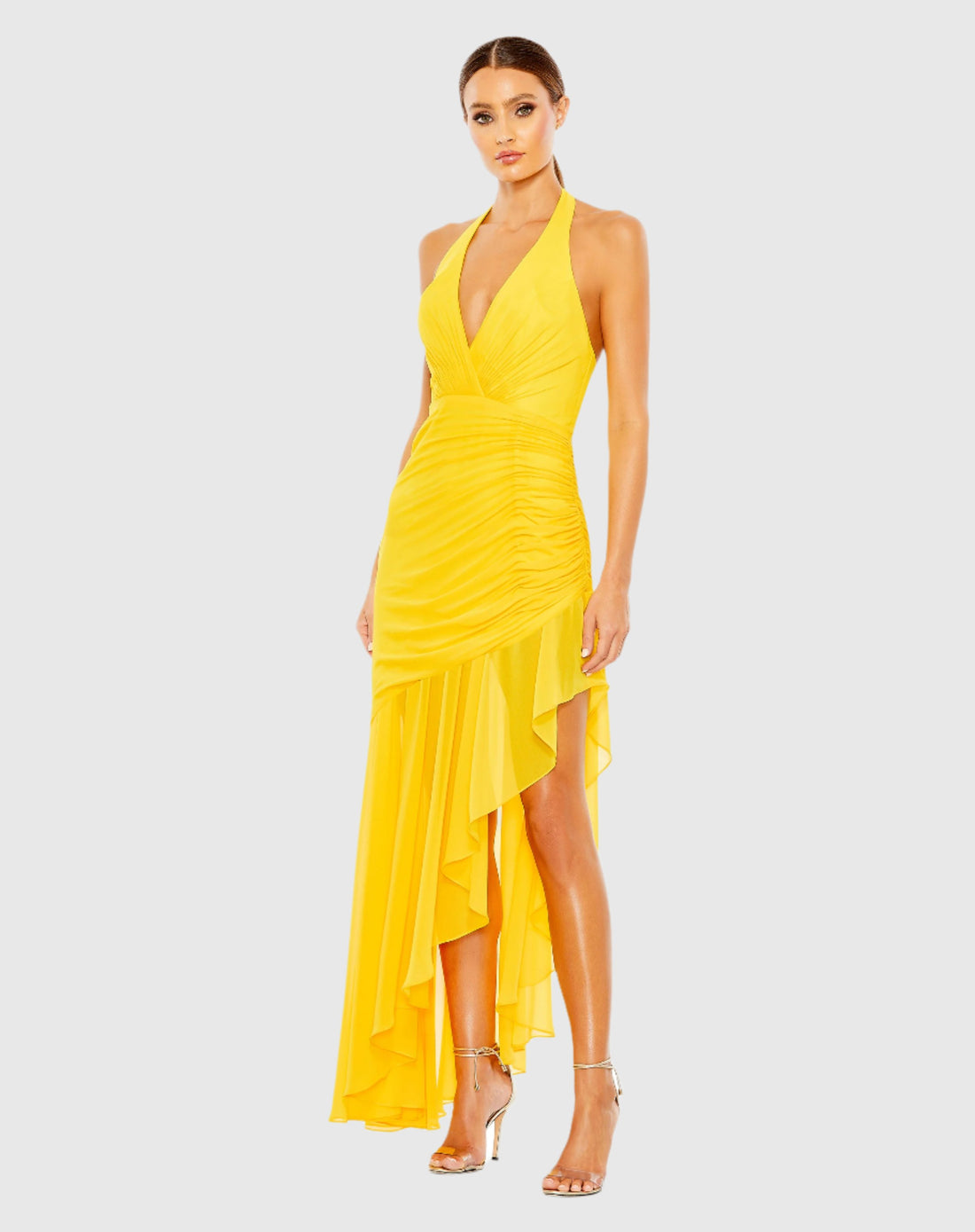 Asymmetrical Ruffle Hem Halter Strap Gown