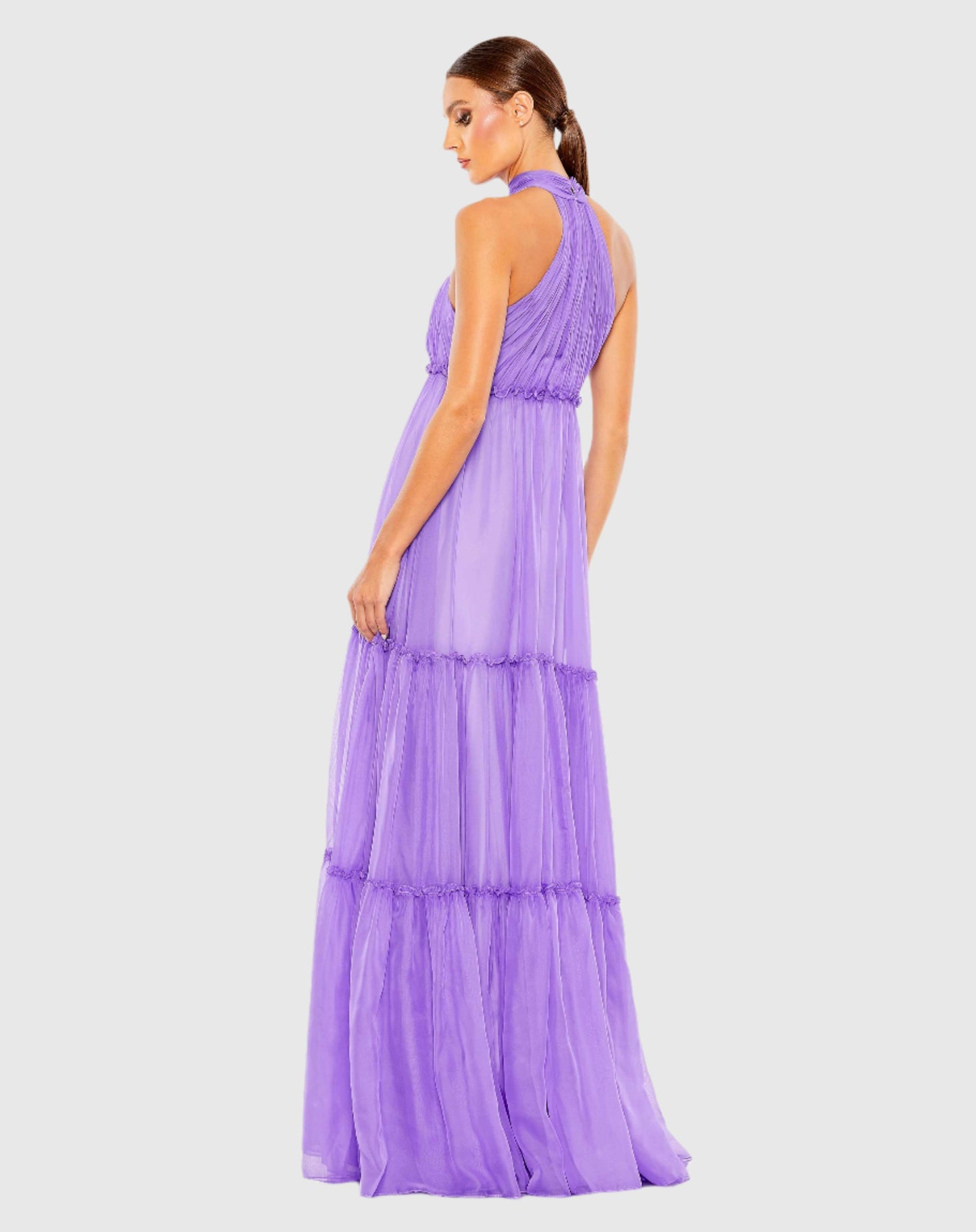 Ruched Tiered High Neck Bow A Line Gown