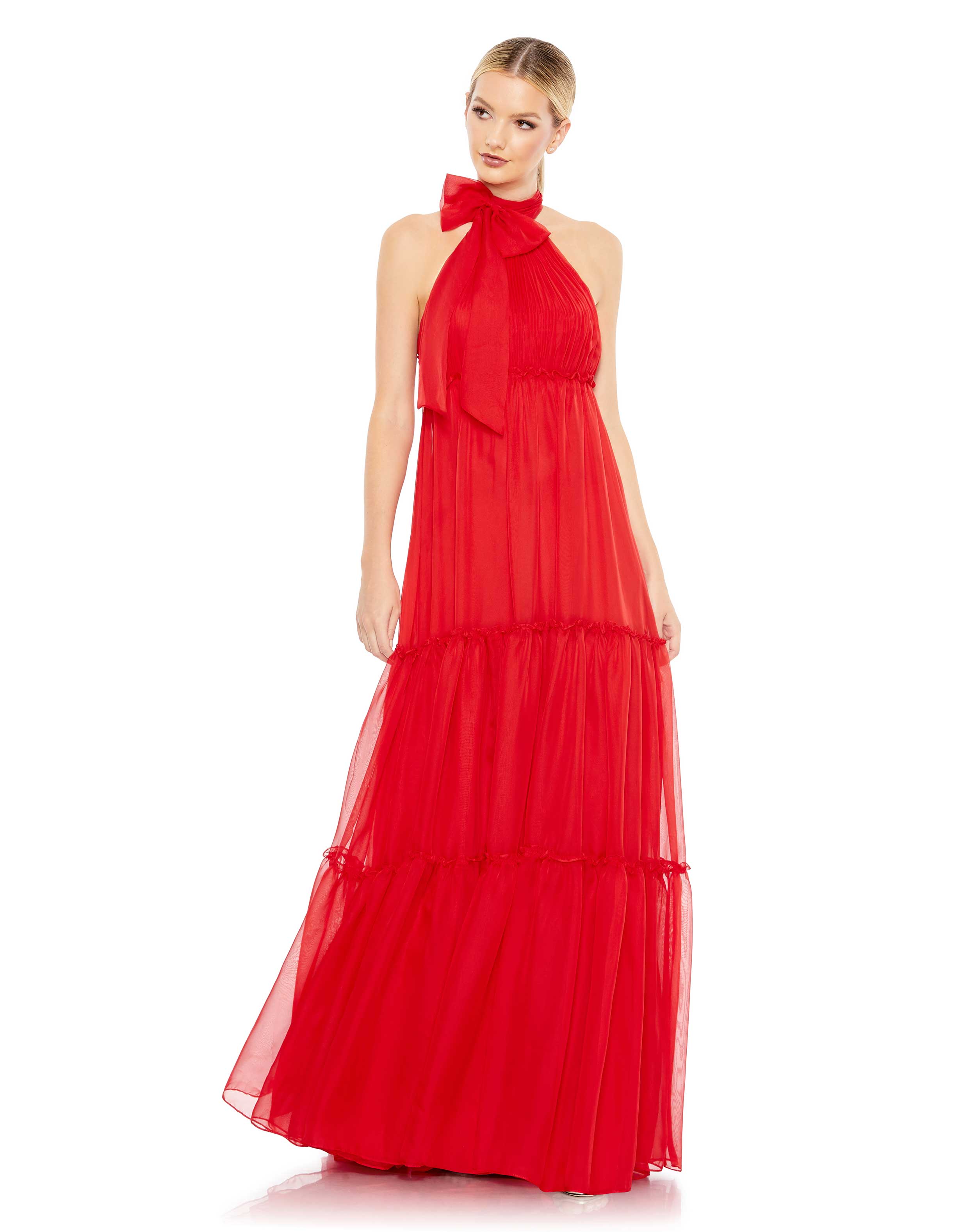 Ruched Tiered High Neck Bow A Line Gown