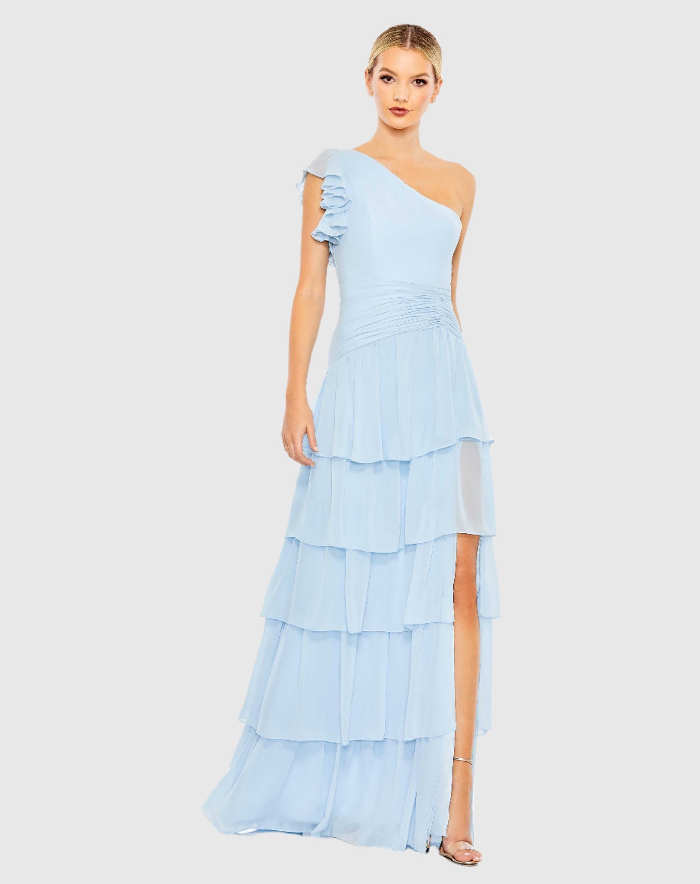 Ruffle Tiered One Flutter Sleeve Gown