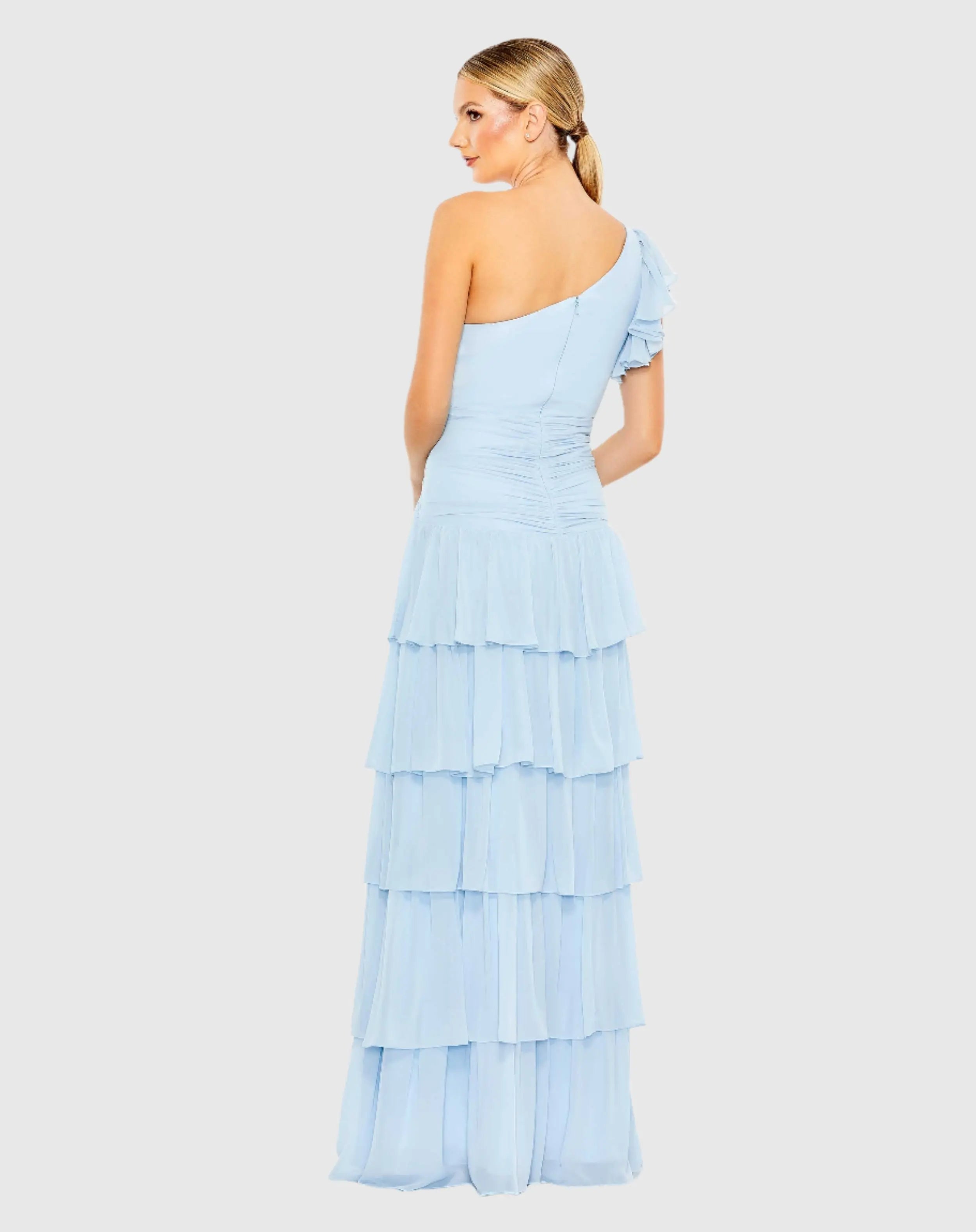 Blue Ruffle Tiered One Flutter Sleeve Gown - Mac Duggal