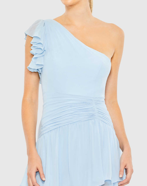 Ruffle Tiered One Flutter Sleeve Gown