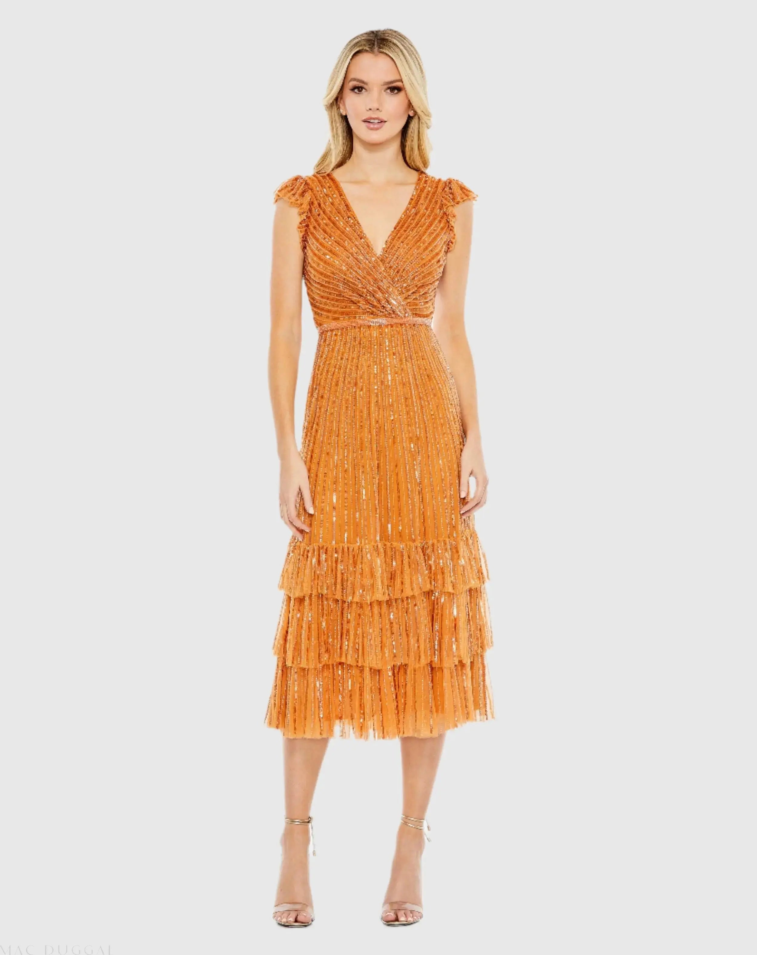 Orange Sequined Wrap Over Cap Sleeve Ruffle Hem Dress - Mac Duggal
