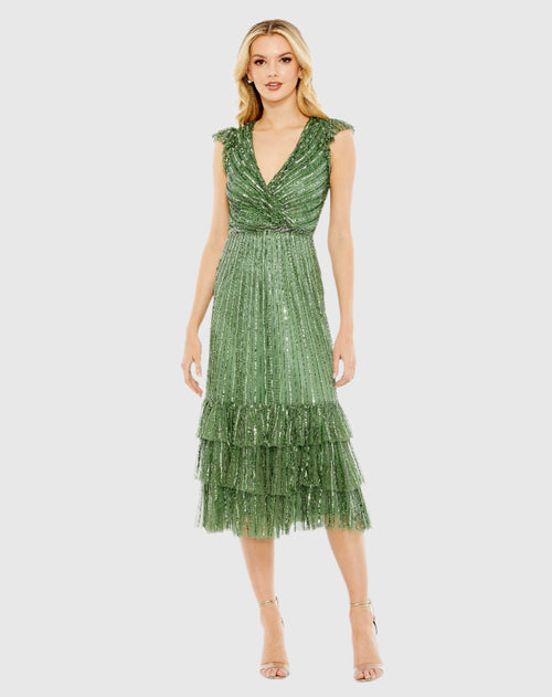 Sequined Wrap Over Cap Sleeve Ruffle Hem Dress