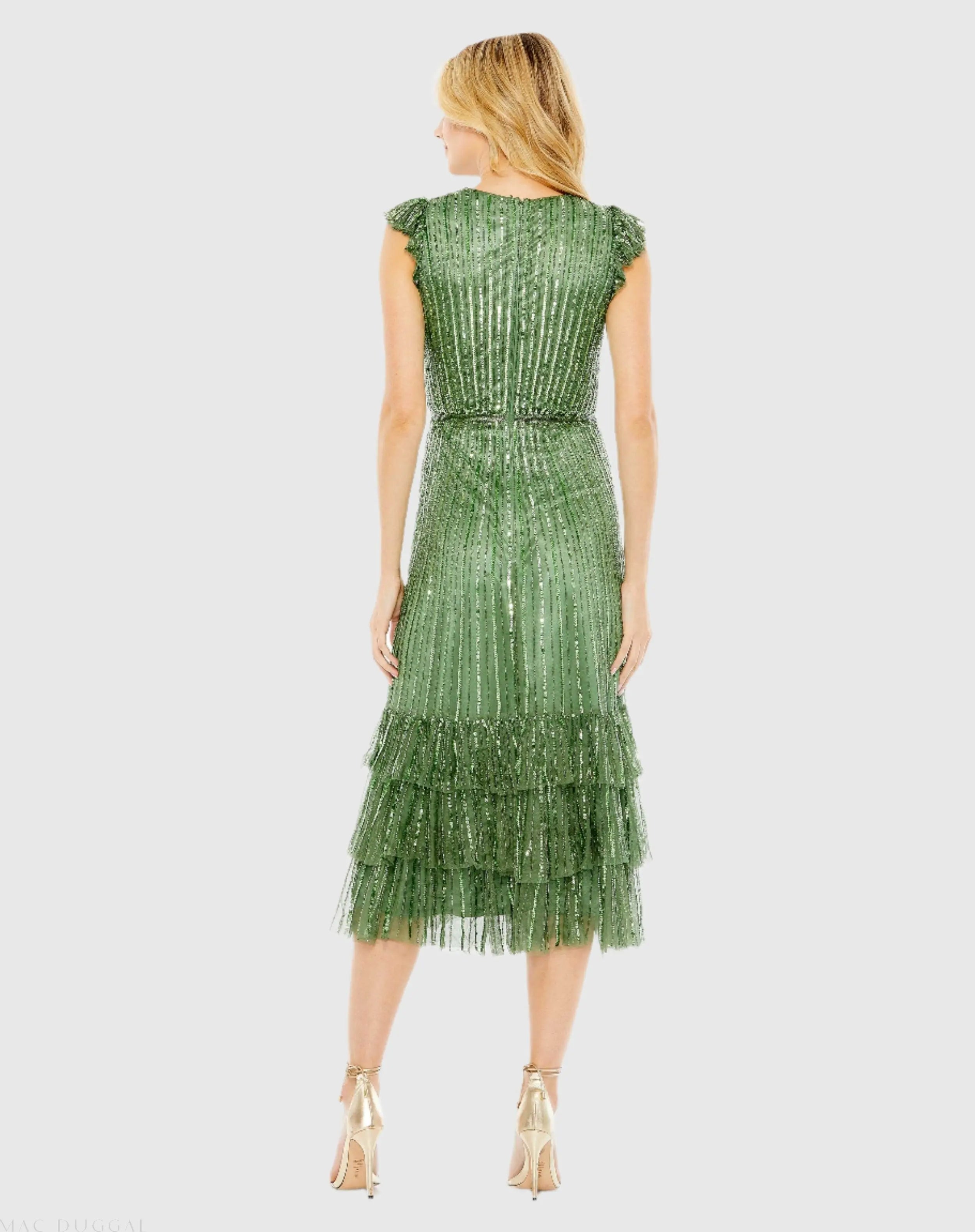 Green Sequined Wrap Over Cap Sleeve Ruffle Hem Dress - Mac Duggal