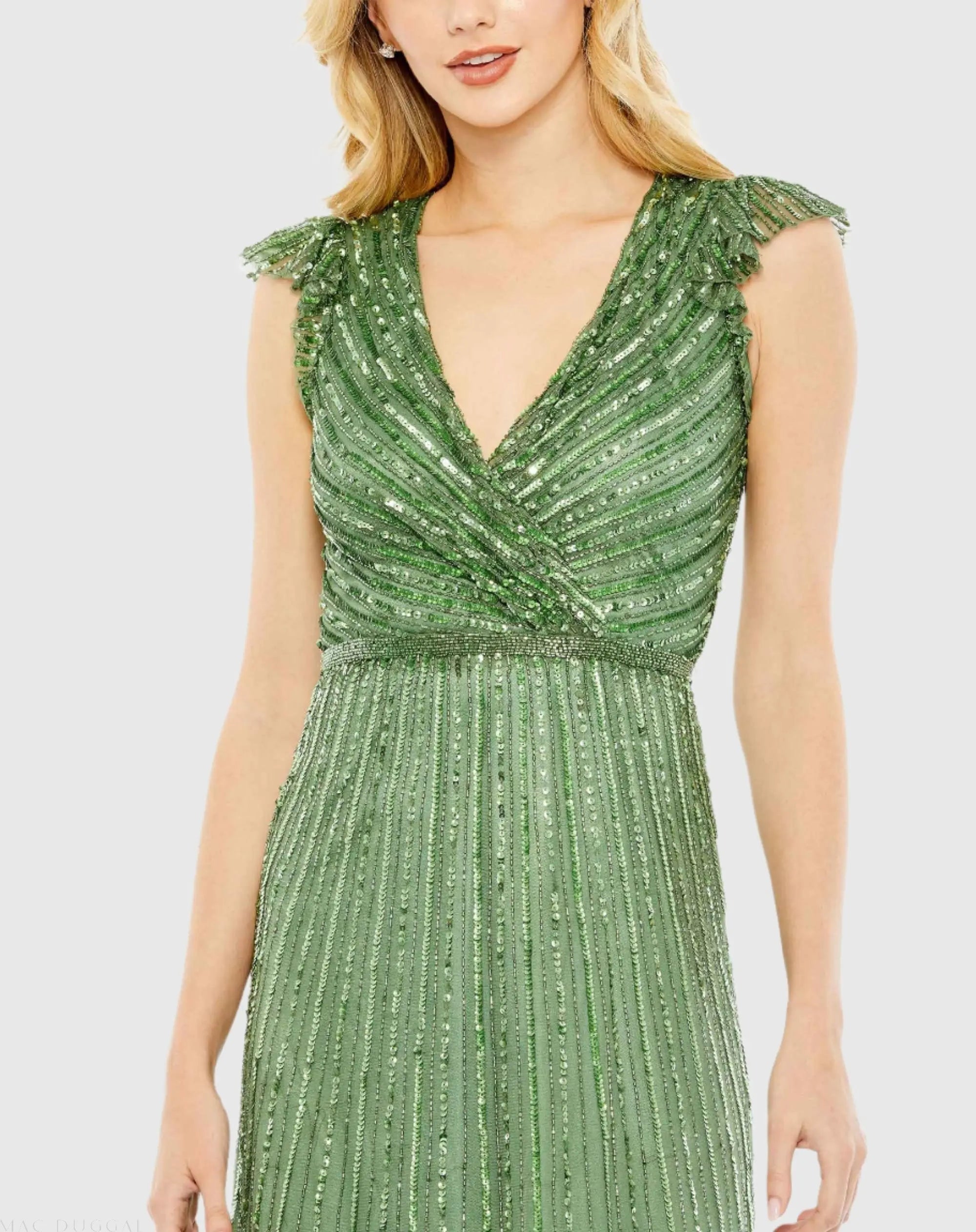Green Sequined Wrap Over Cap Sleeve Ruffle Hem Dress - Mac Duggal