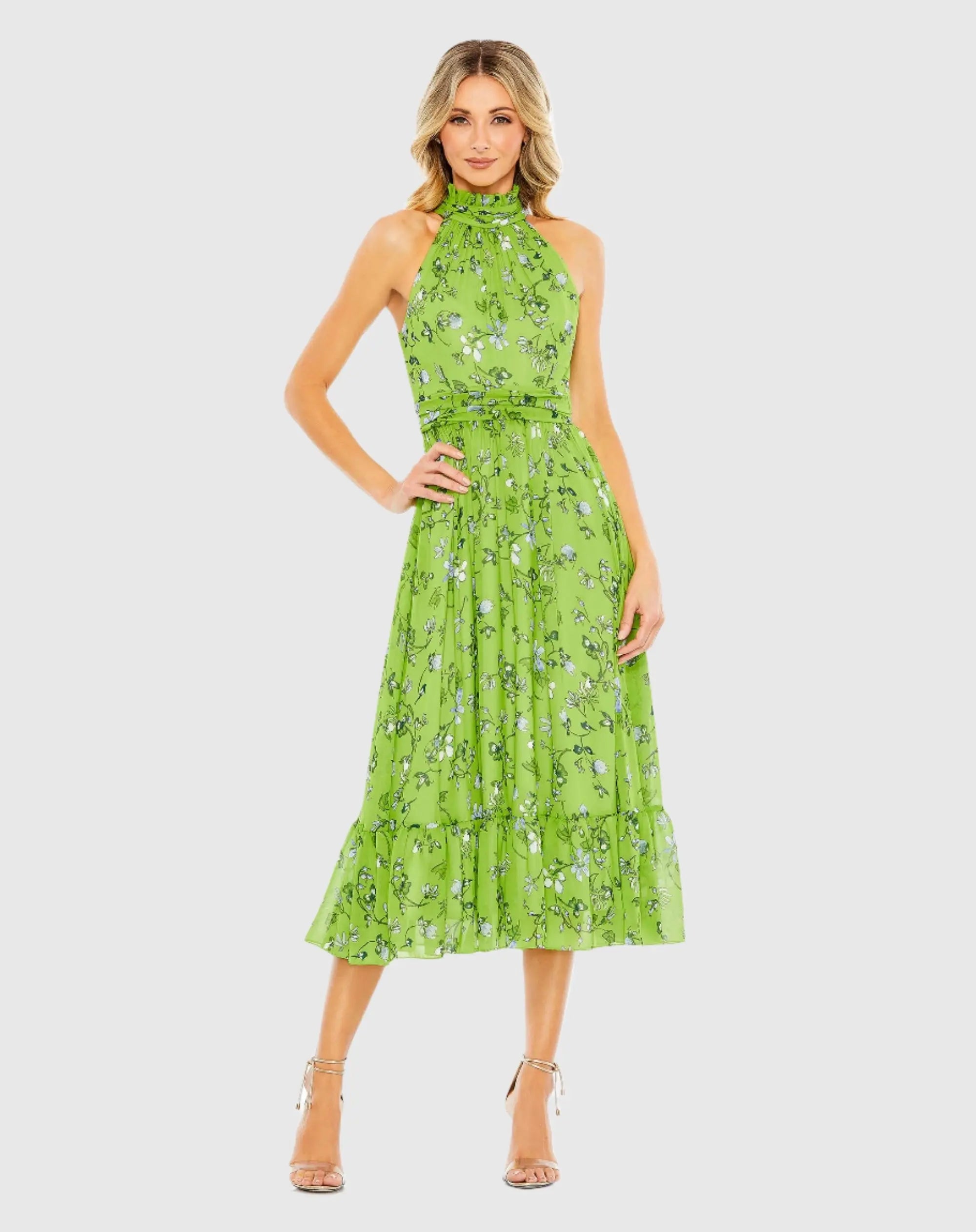 Green Floral Print High-Neck A-Line Midi Dress - Ieena for Mac Duggal